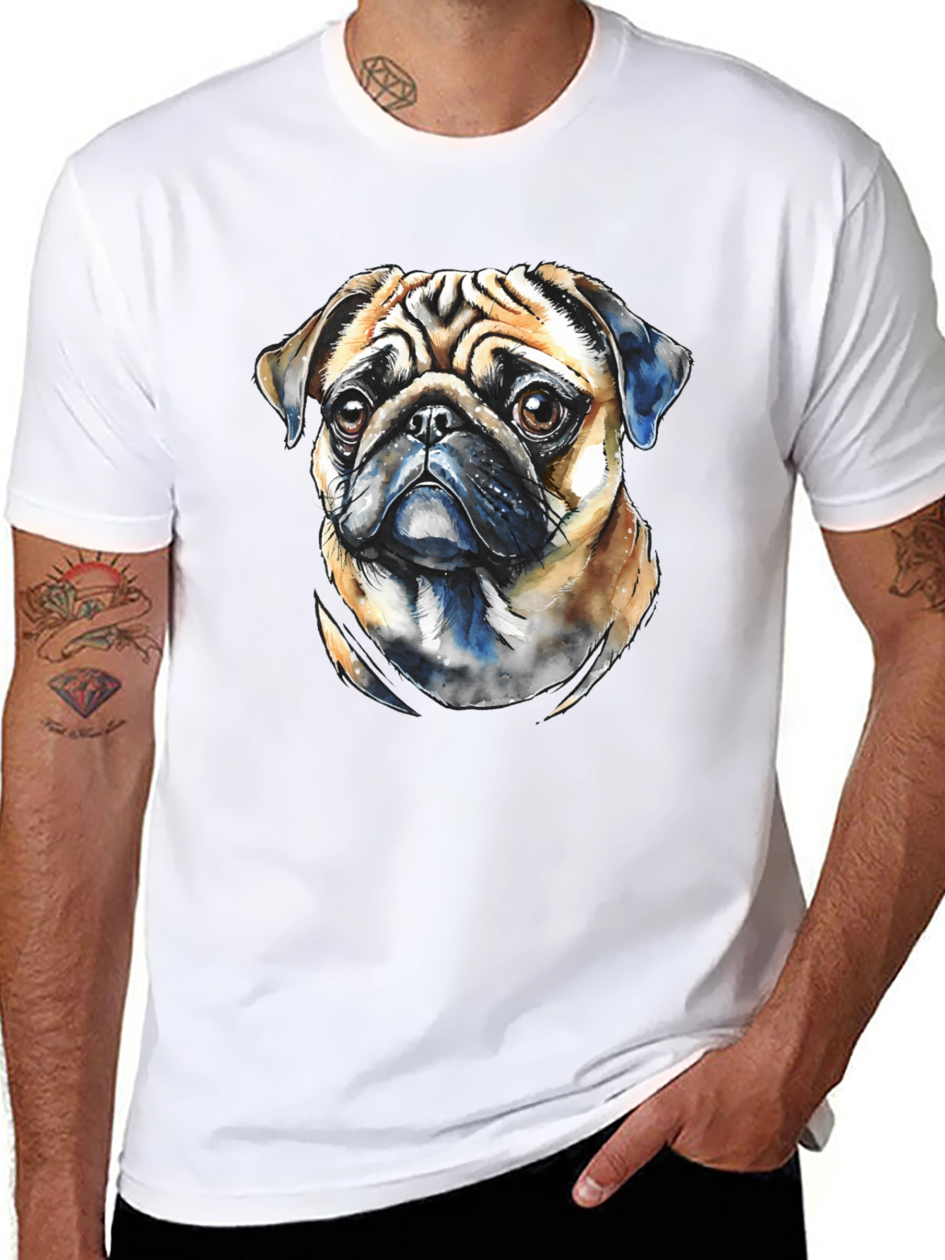 Pug Dog Portrait Graphic T-Shirt - Black