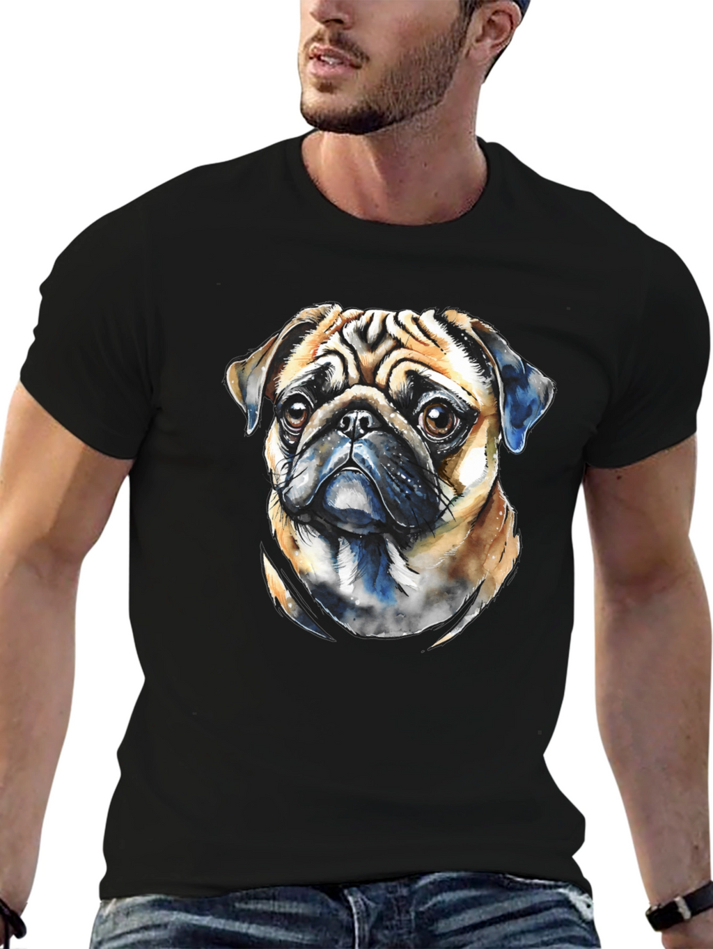 Pug Dog Portrait Graphic T-Shirt - Black