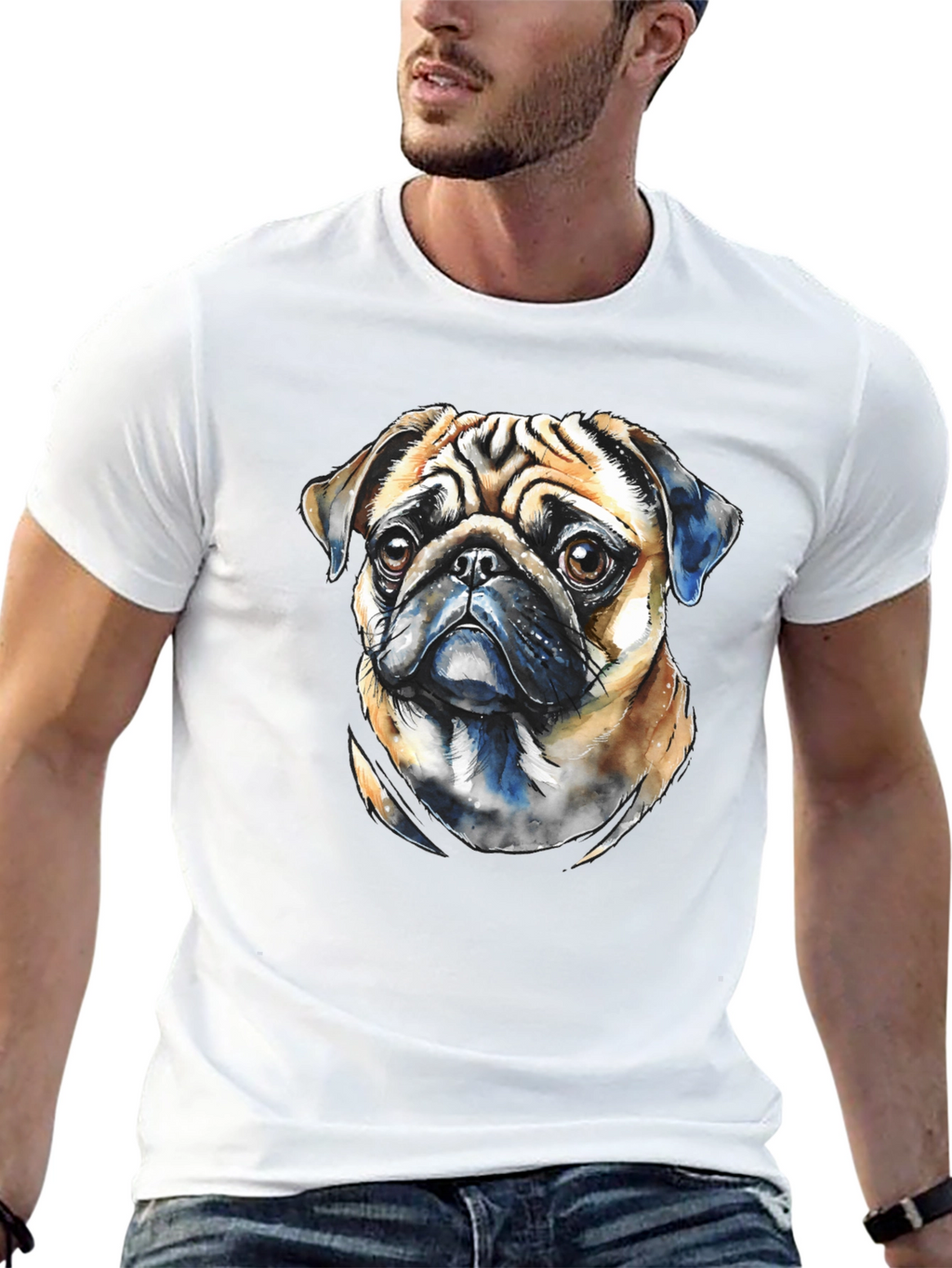 Pug Dog Portrait Graphic T-Shirt - Black