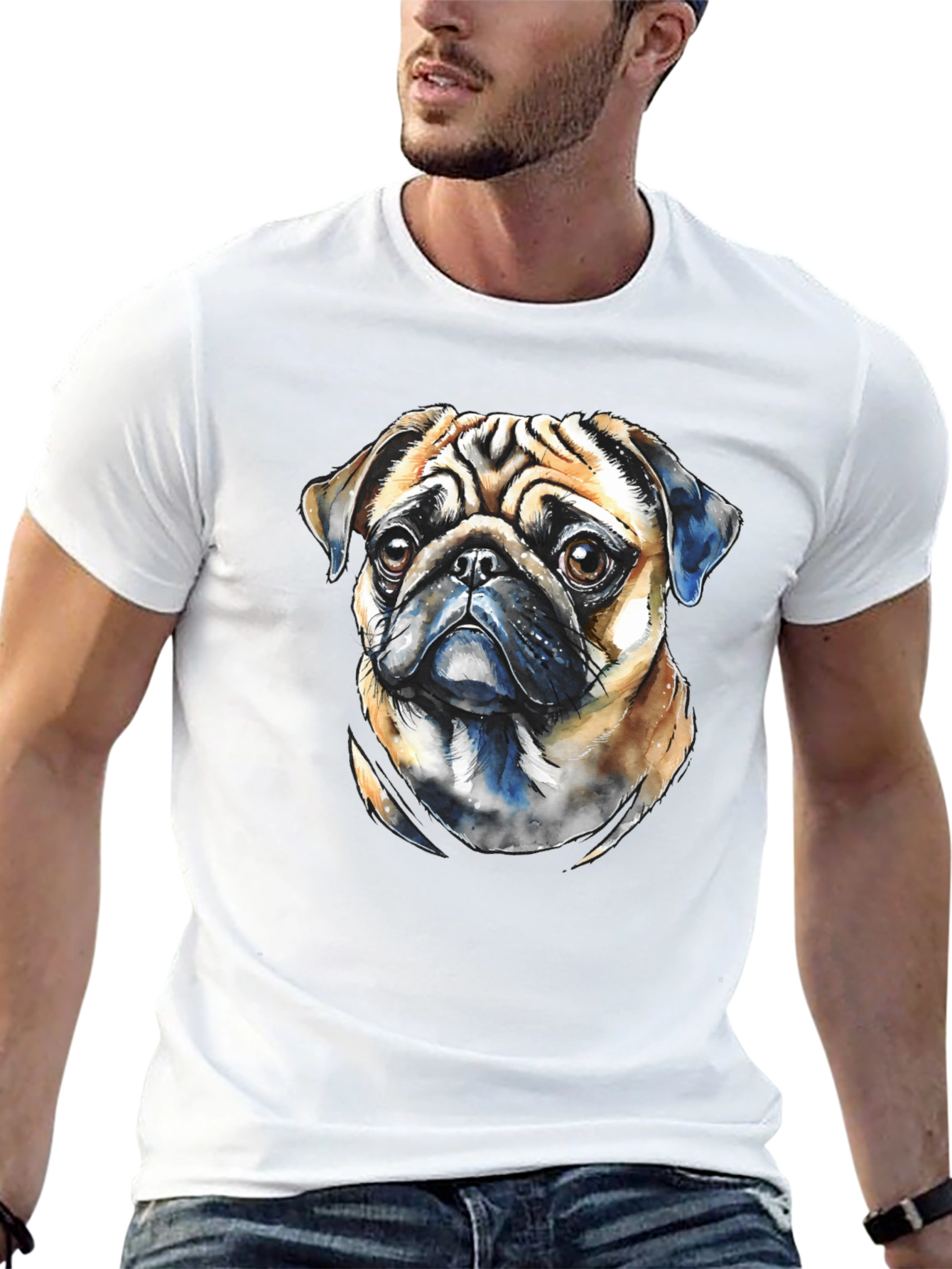 Pug Dog Portrait Graphic T-Shirt - Black