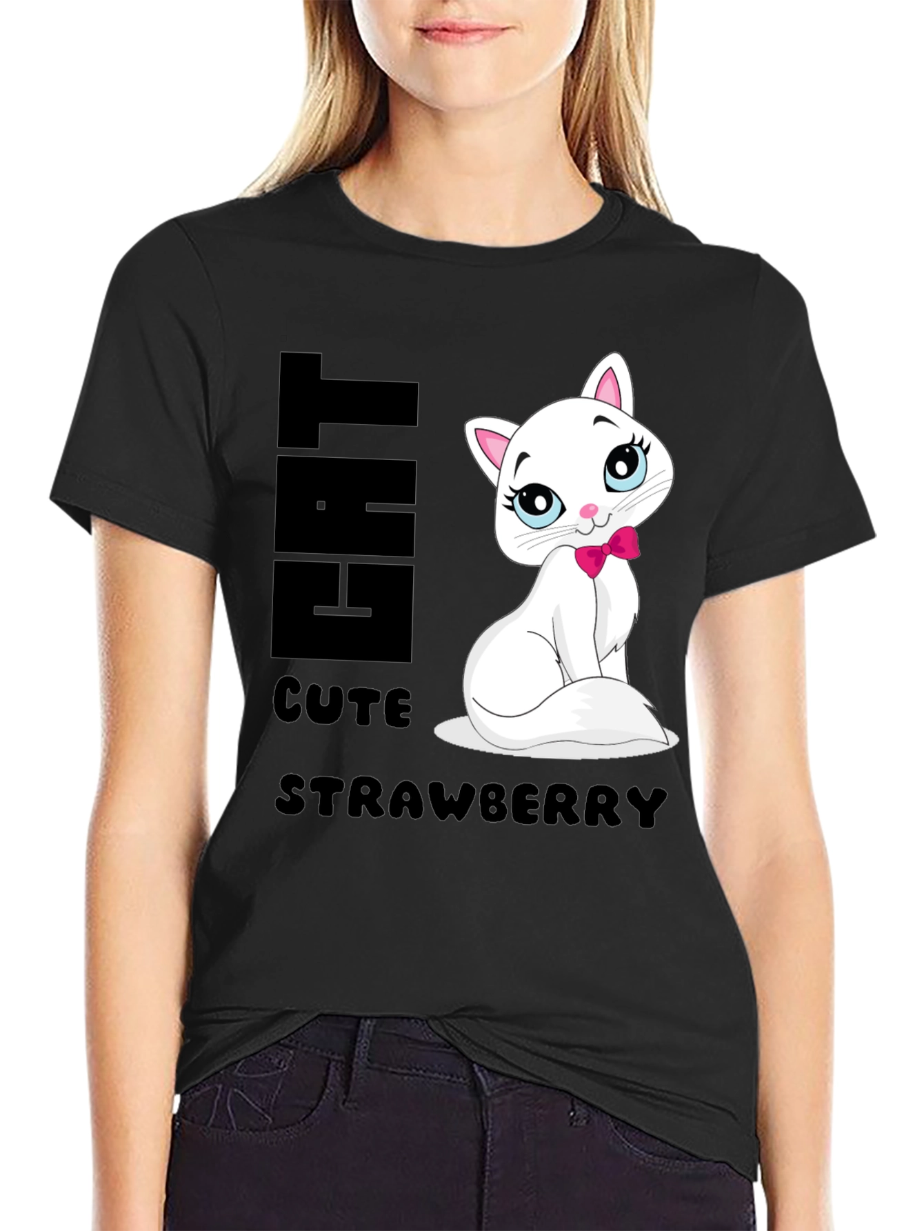 Cute Cat Strawberry Graphic Print Tee