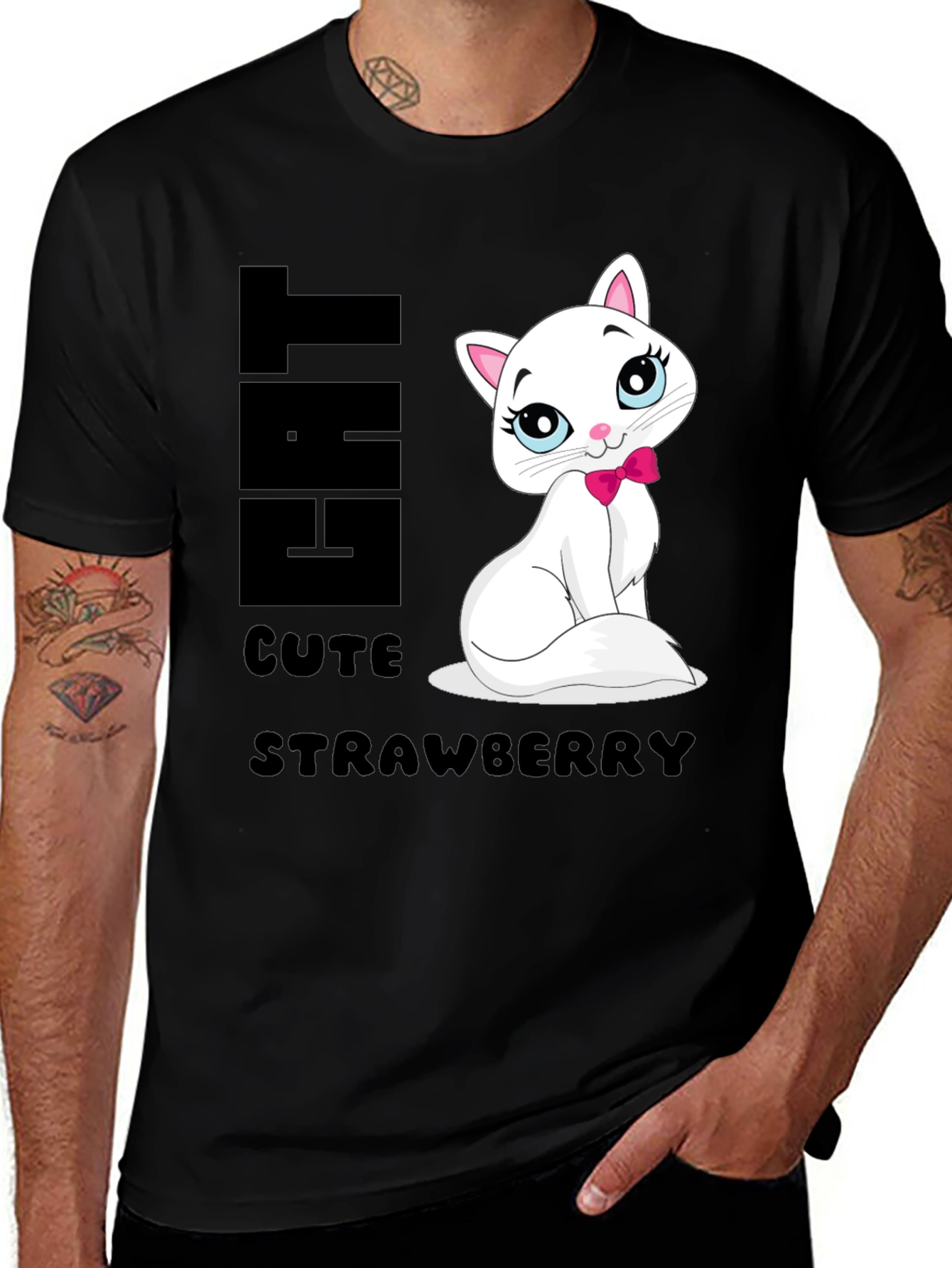 Cute Cat Strawberry Graphic Print Tee