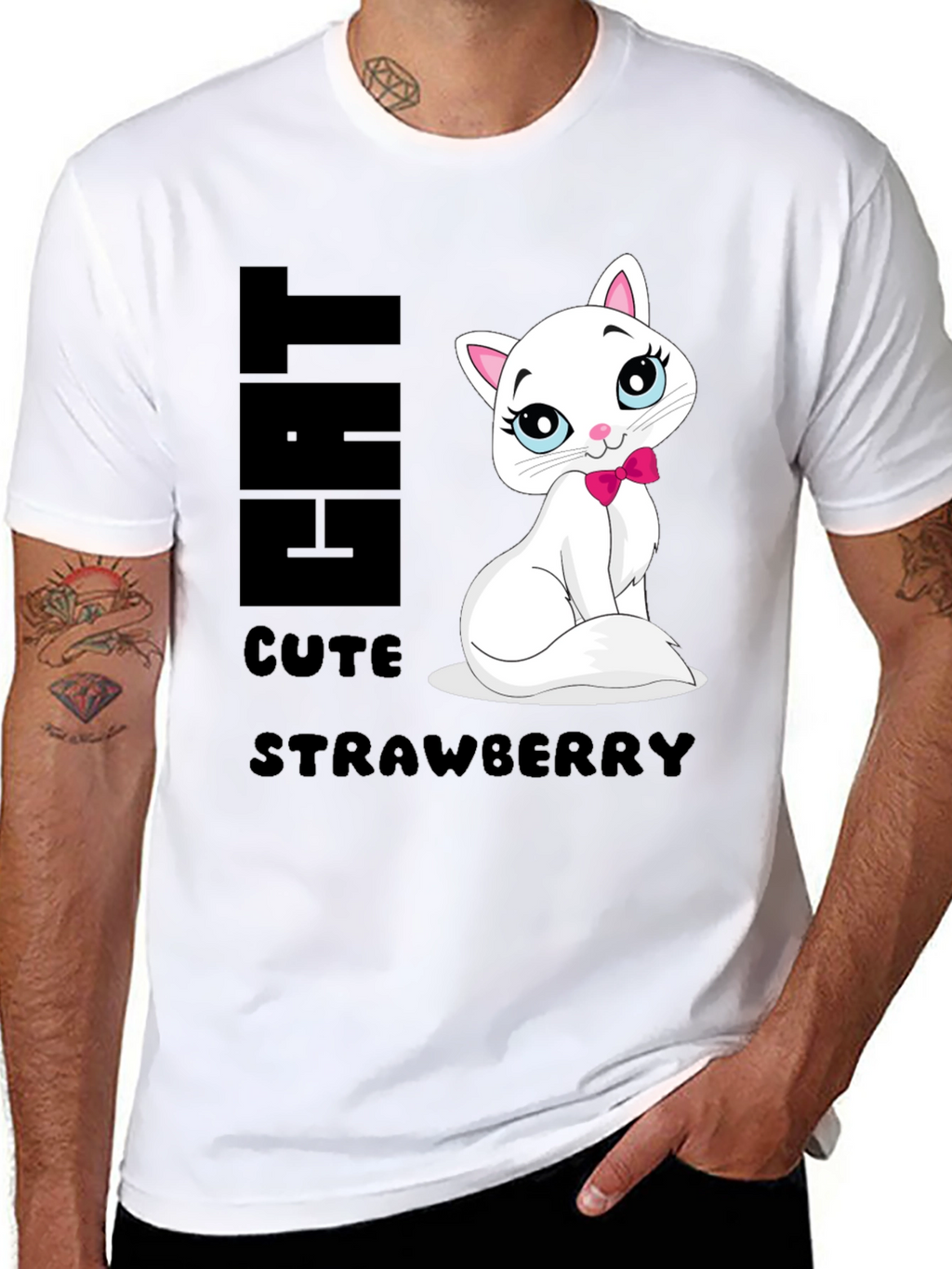 Cute Cat Strawberry Graphic Print Tee