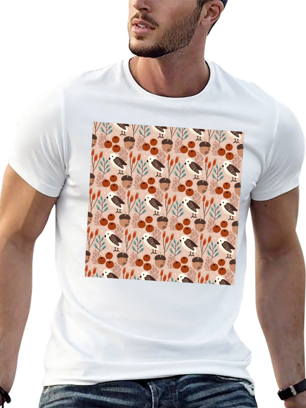 Autumnal Bird and Acorn Pattern T-Shirt