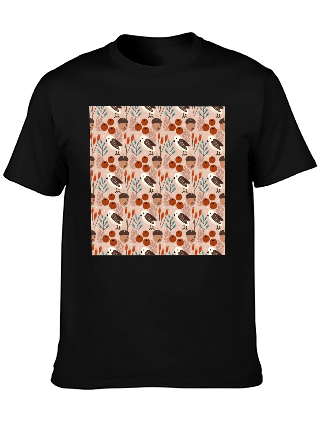 Autumnal Bird and Acorn Pattern T-Shirt