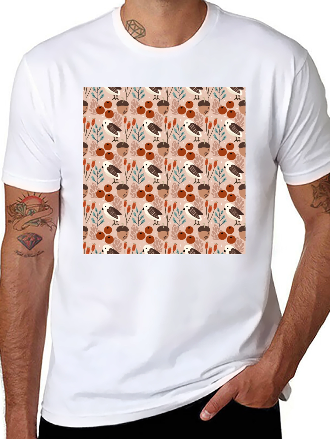 Autumnal Bird and Acorn Pattern T-Shirt