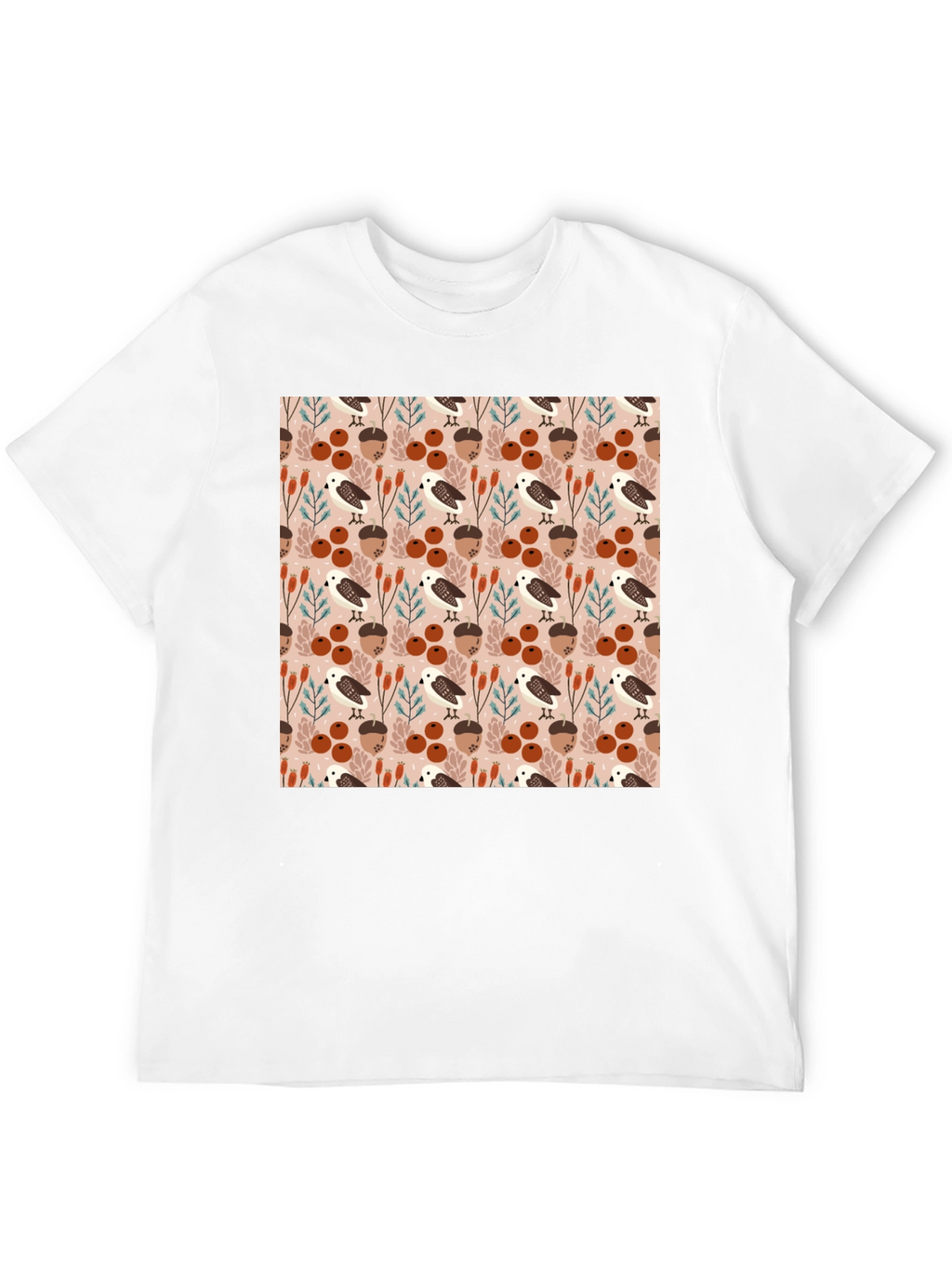 Autumnal Bird and Acorn Pattern T-Shirt