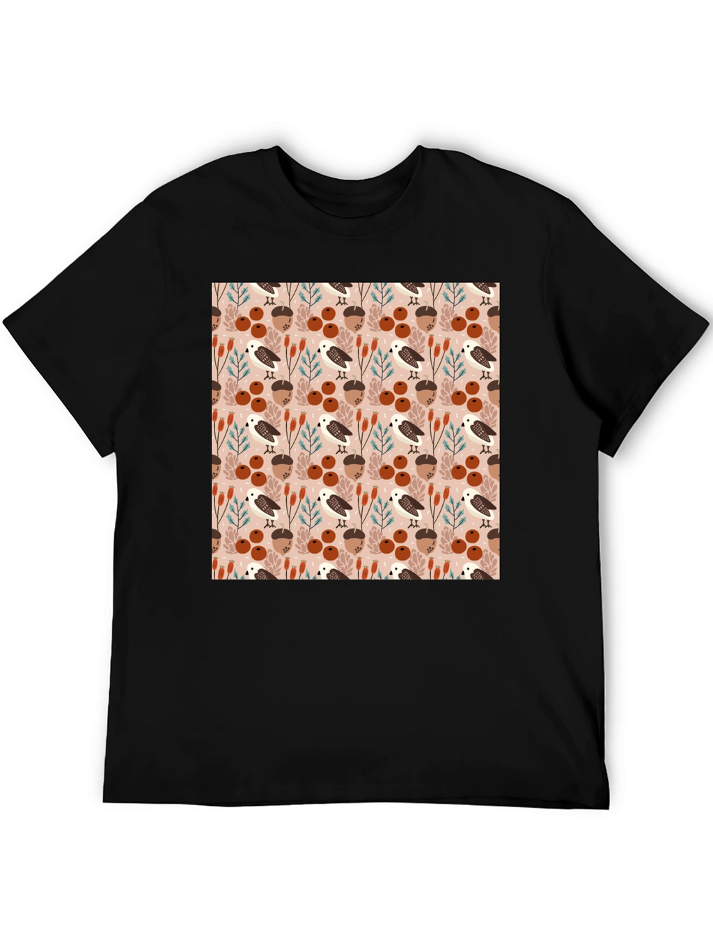Autumnal Bird and Acorn Pattern T-Shirt