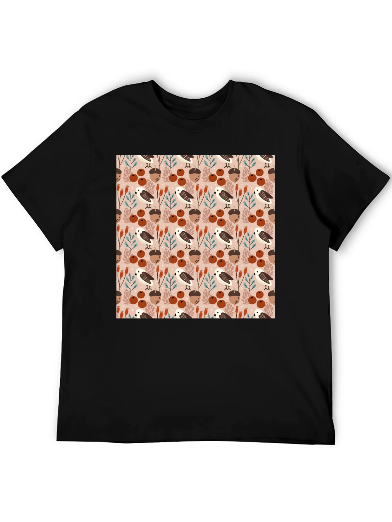 Autumnal Bird and Acorn Pattern T-Shirt