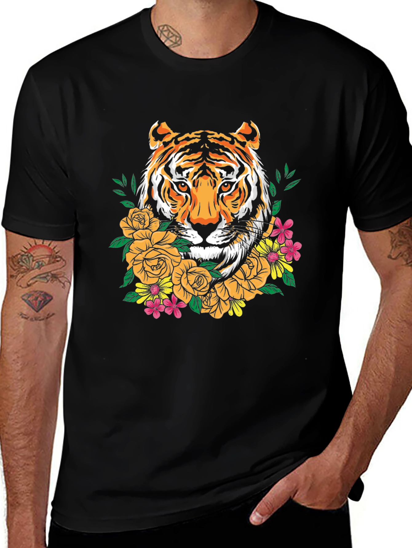 Tiger Floral Graphic Print Crew Neck T-Shirt