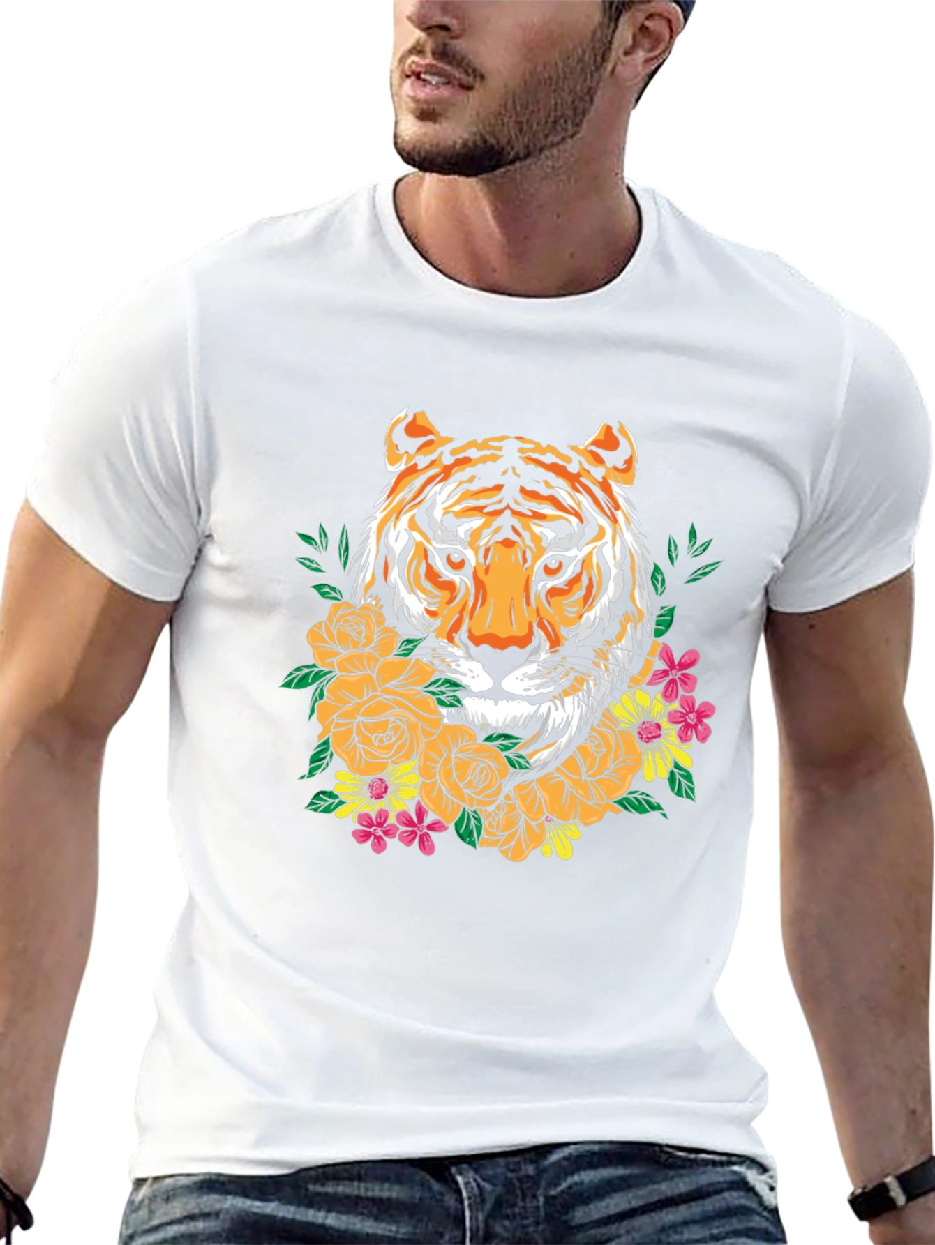 Tiger Floral Graphic Print Crew Neck T-Shirt