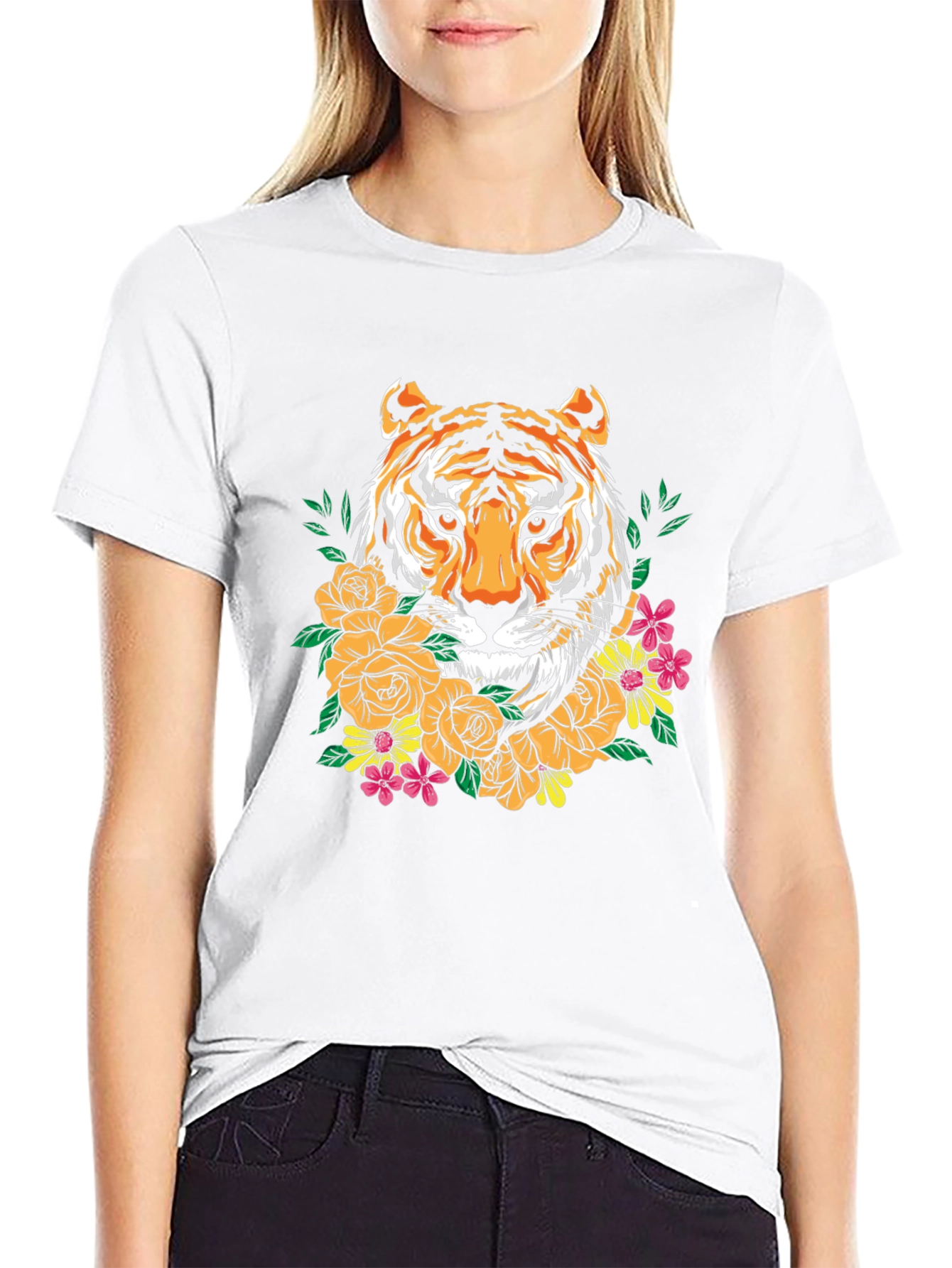 Tiger Floral Graphic Print Crew Neck T-Shirt