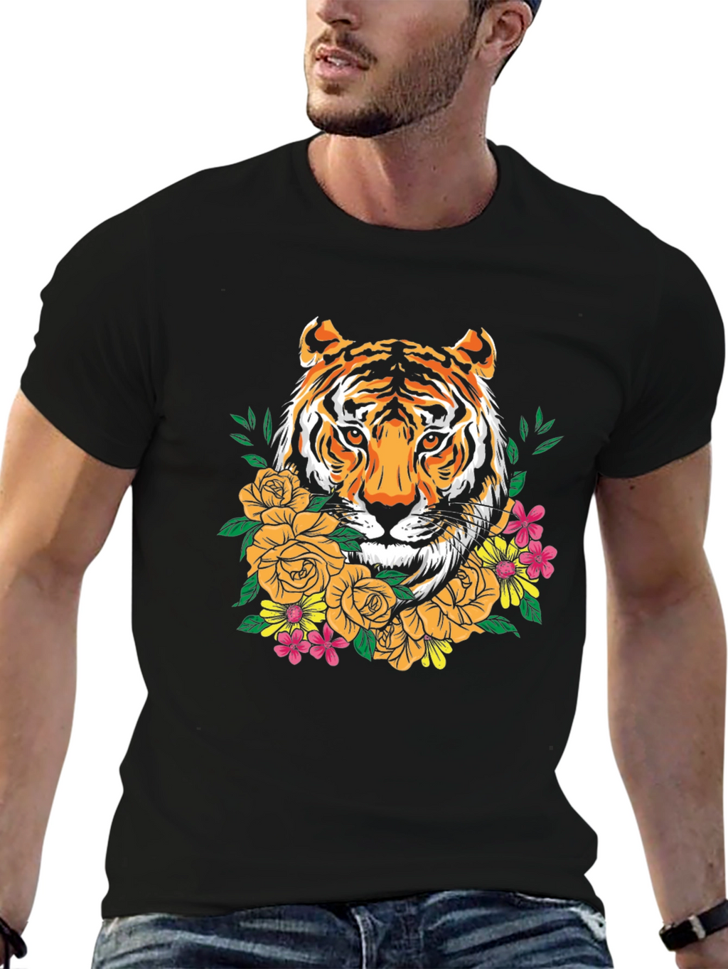 Tiger Floral Graphic Print Crew Neck T-Shirt