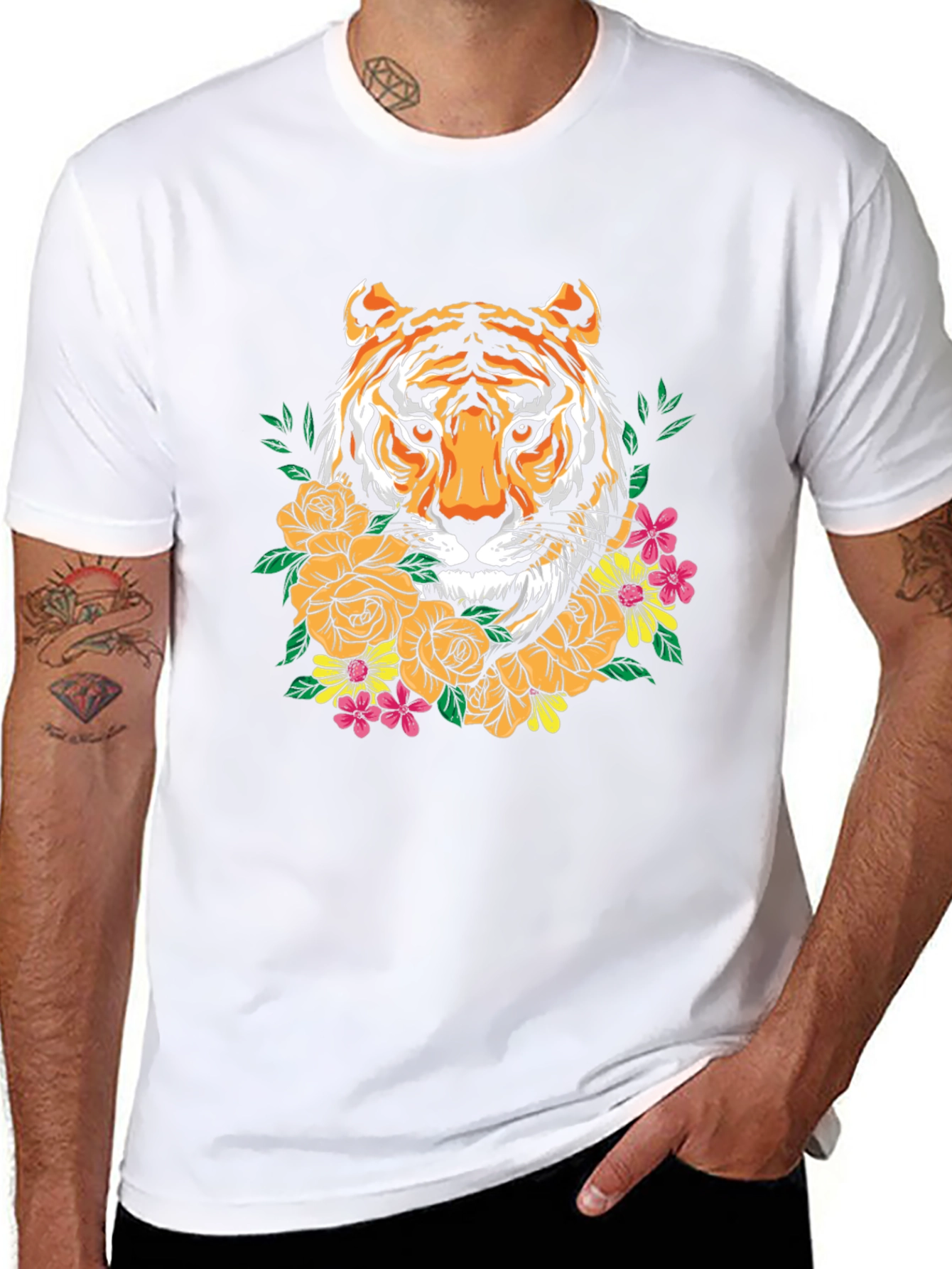 Tiger Floral Graphic Print Crew Neck T-Shirt