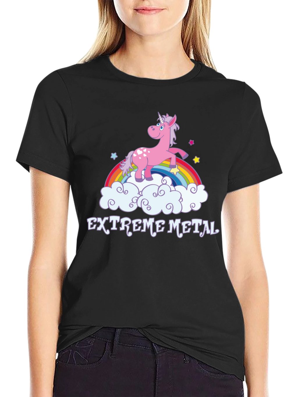 Extreme Metal Unicorn Rainbow Black T-Shirt