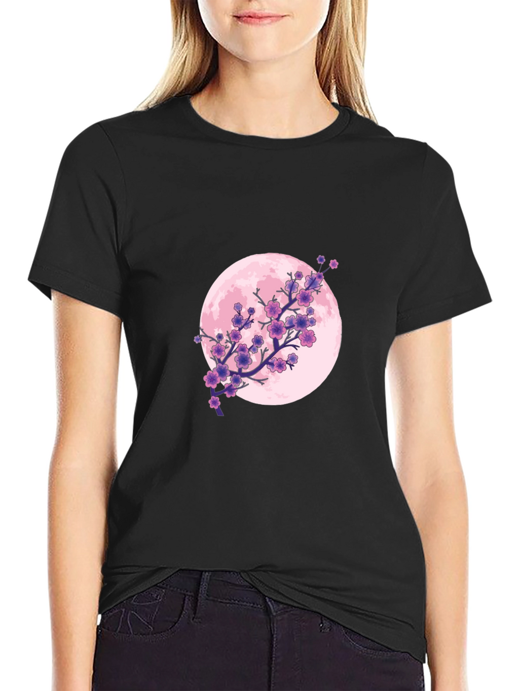 Floral Moon Graphic Tee - Black Cotton T-Shirt