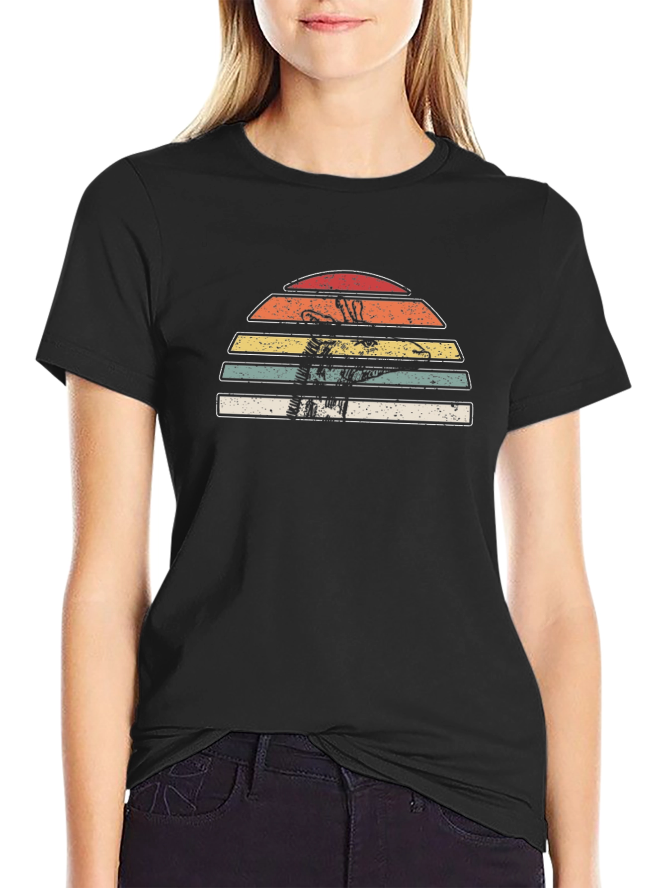 Retro Dinosaur Sunset Graphic Tee - Black Cotton Casual Shirt