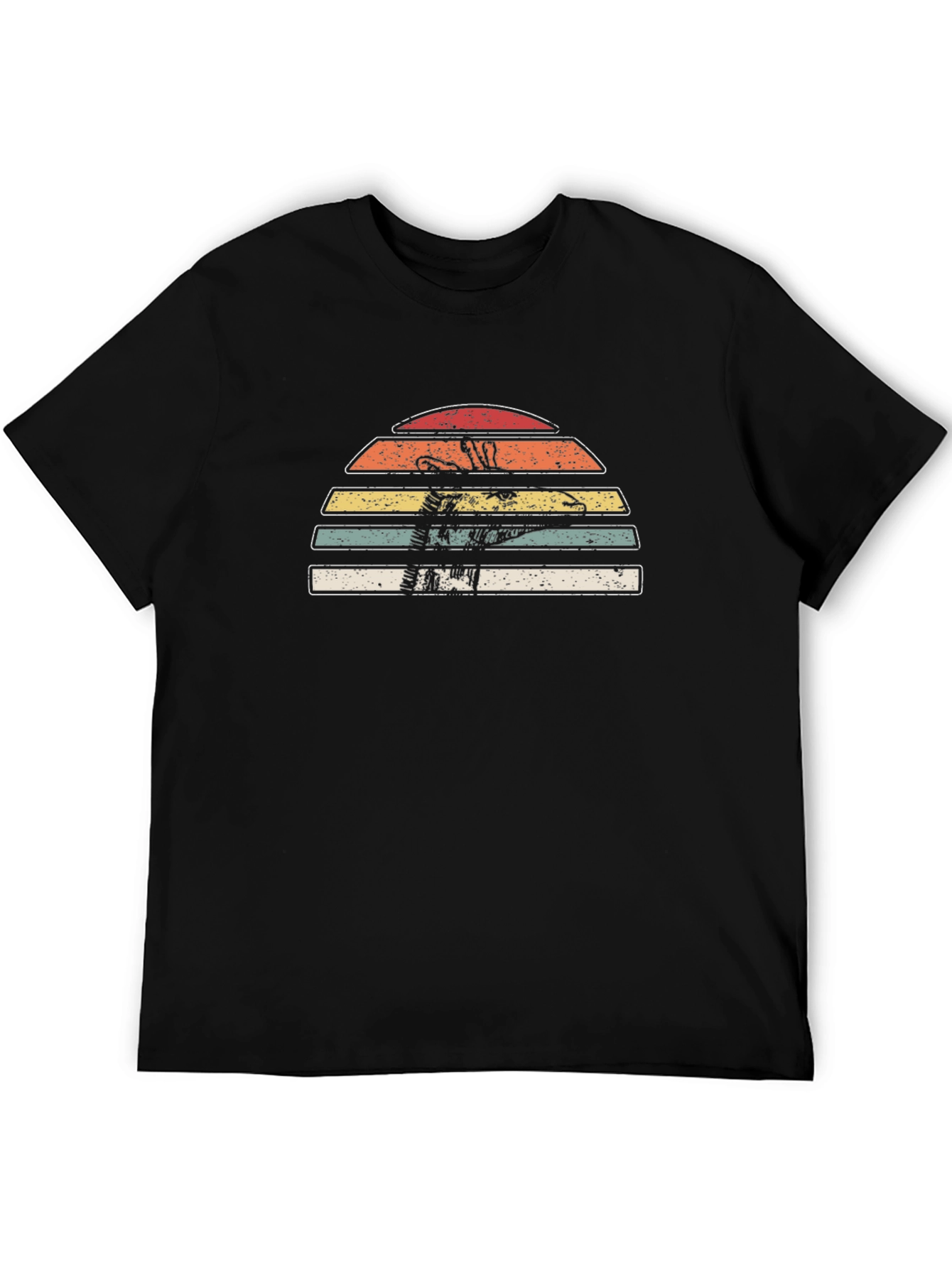 Retro Dinosaur Sunset Graphic Tee - Black Cotton Casual Shirt