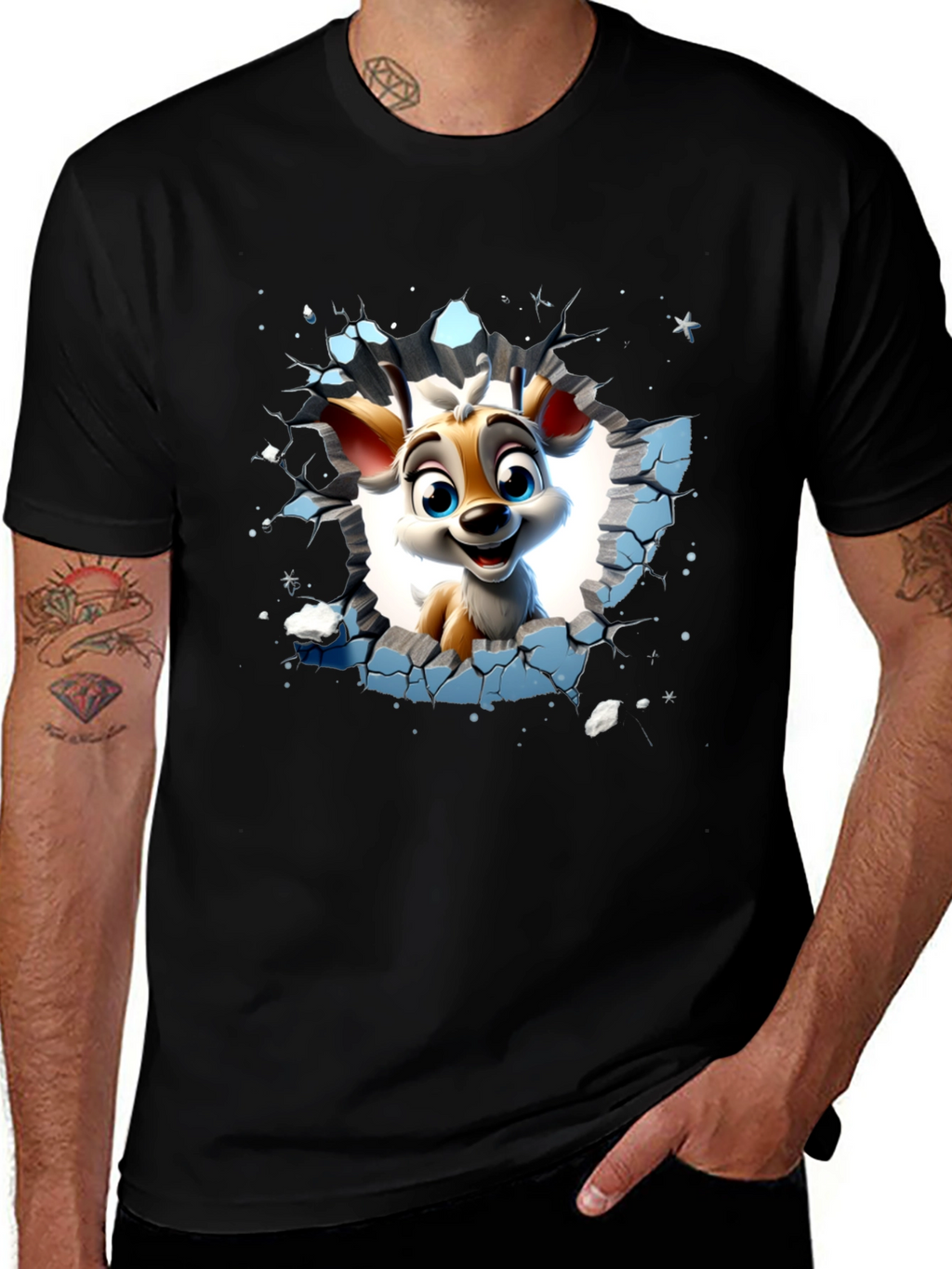 Cartoon Deer Graphic Black T-Shirt