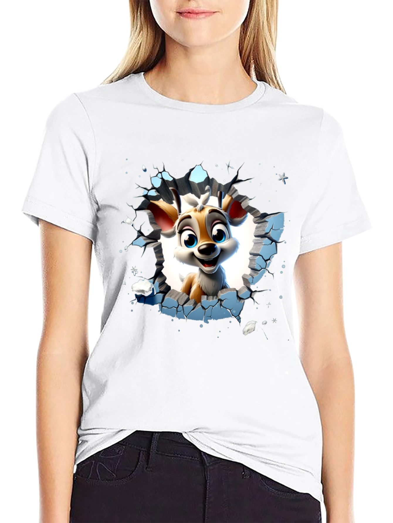 Cartoon Deer Graphic Black T-Shirt