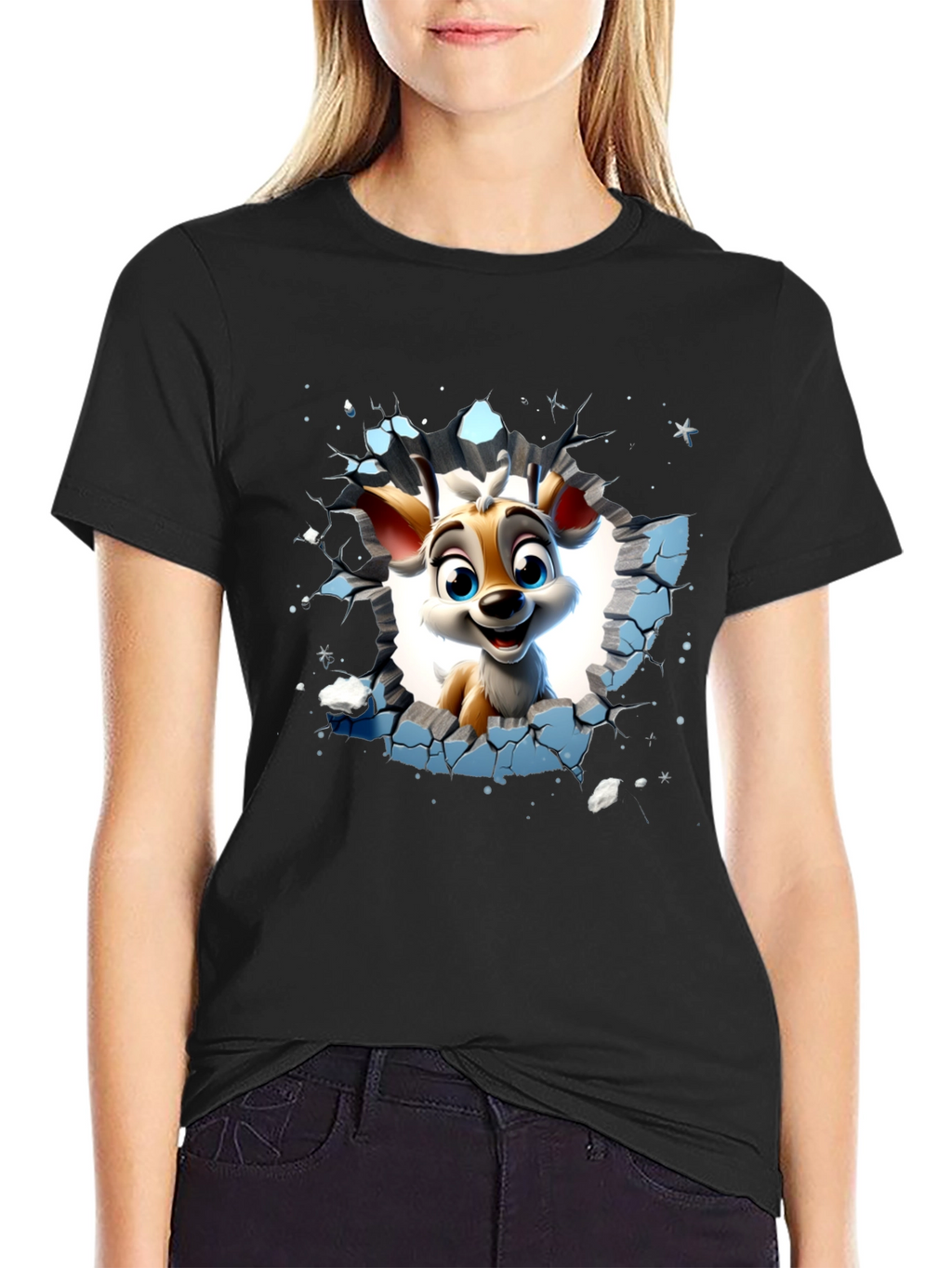 Cartoon Deer Graphic Black T-Shirt