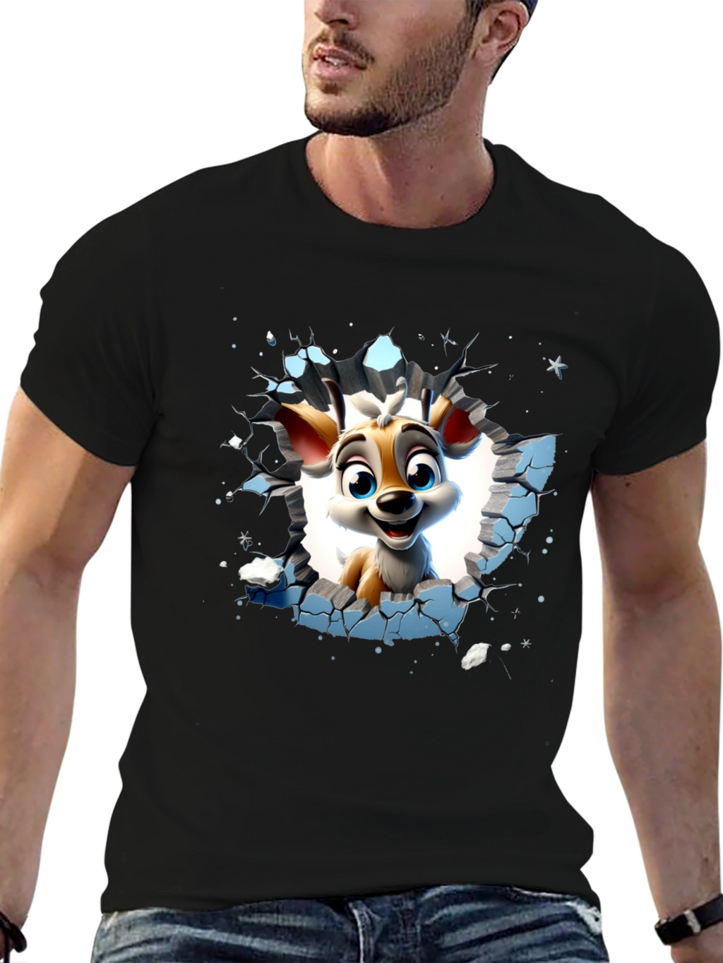 Cartoon Deer Graphic Black T-Shirt