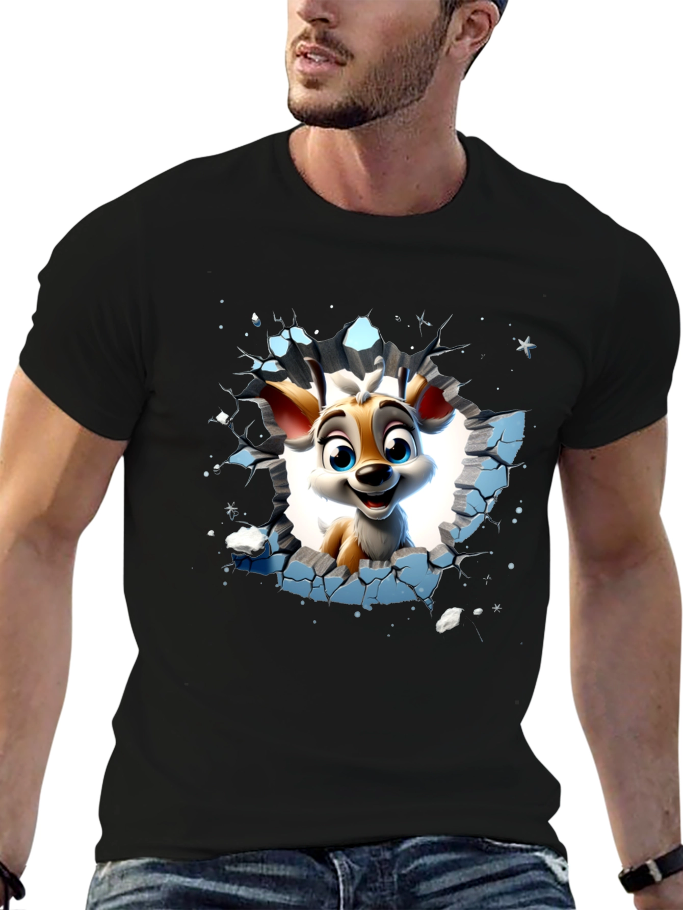 Cartoon Deer Graphic Black T-Shirt