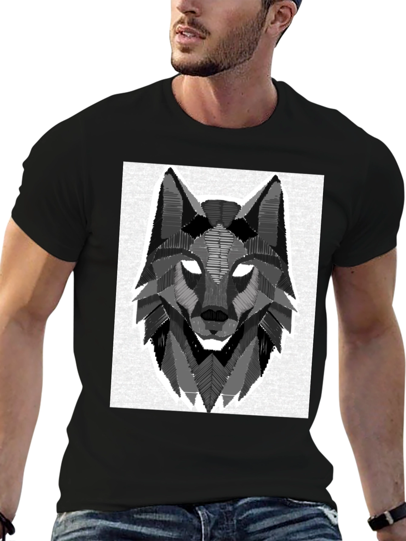 Geometric Wolf Graphic Black T-Shirt