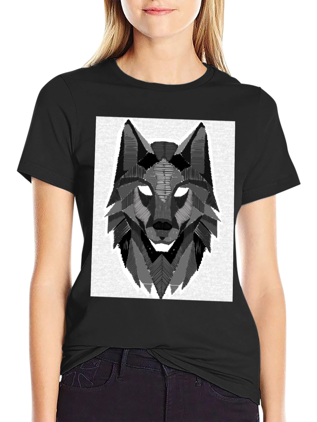 Geometric Wolf Graphic Black T-Shirt
