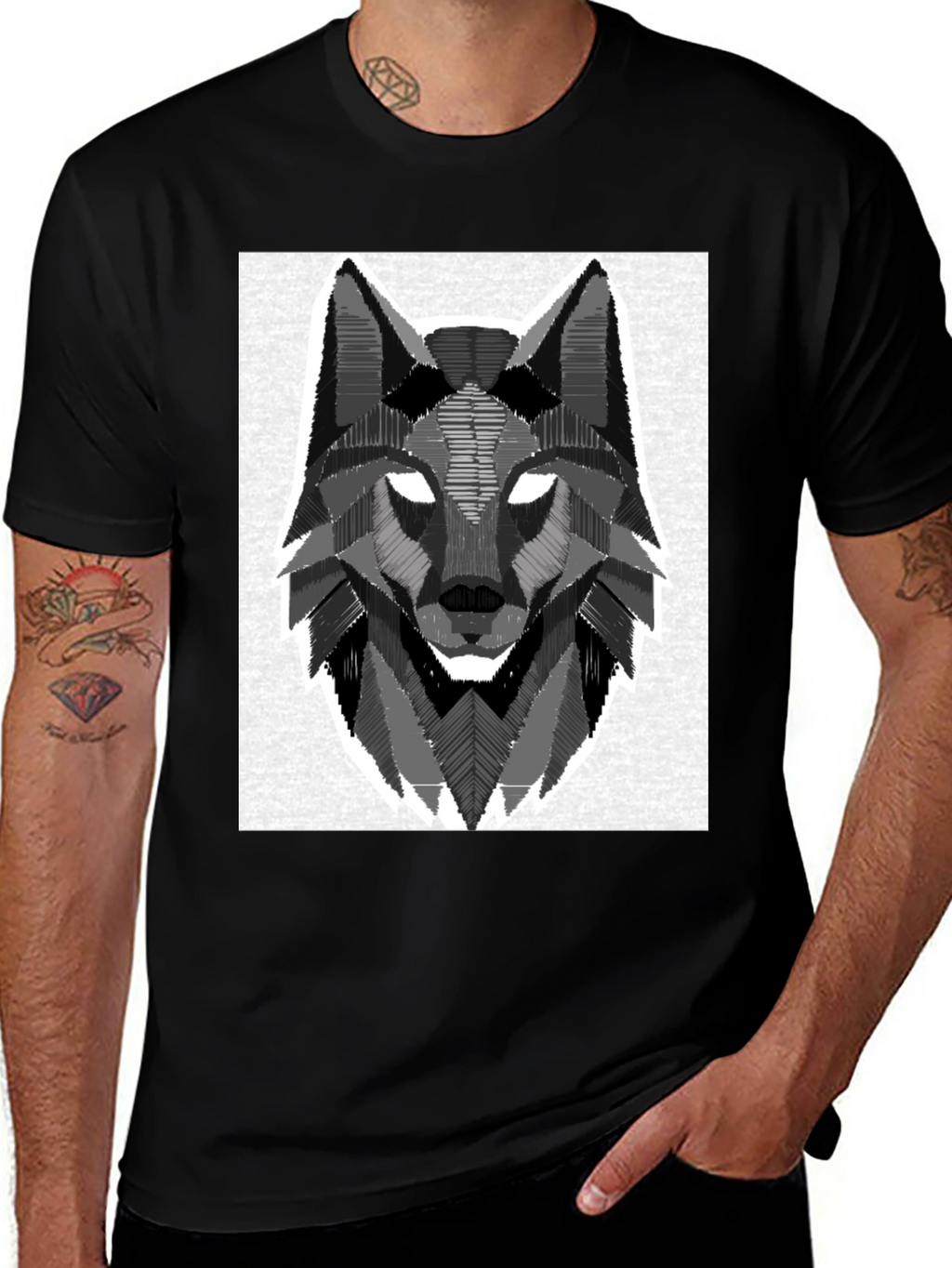 Geometric Wolf Graphic Black T-Shirt