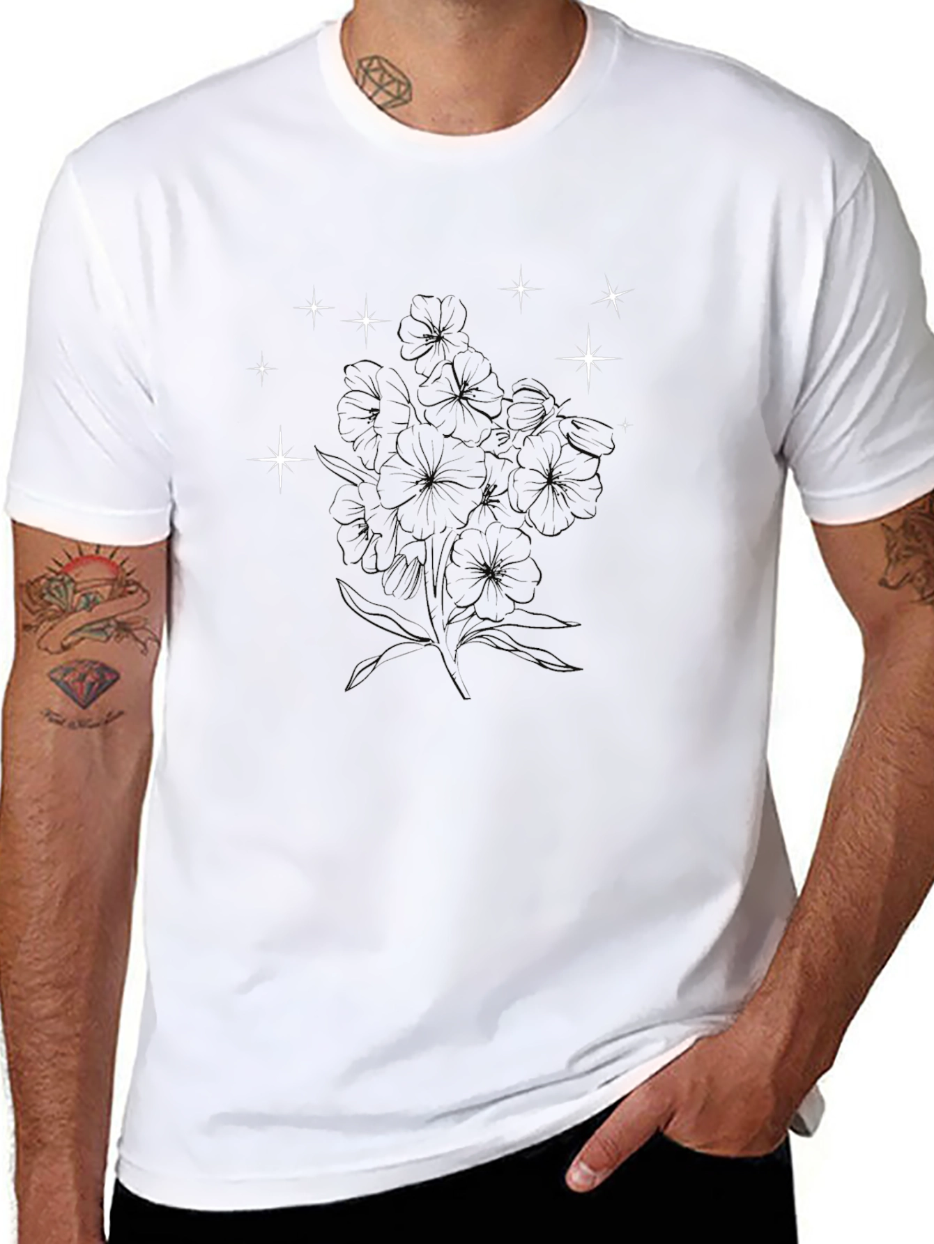 Black Graphic Tee - Floral & Stars
