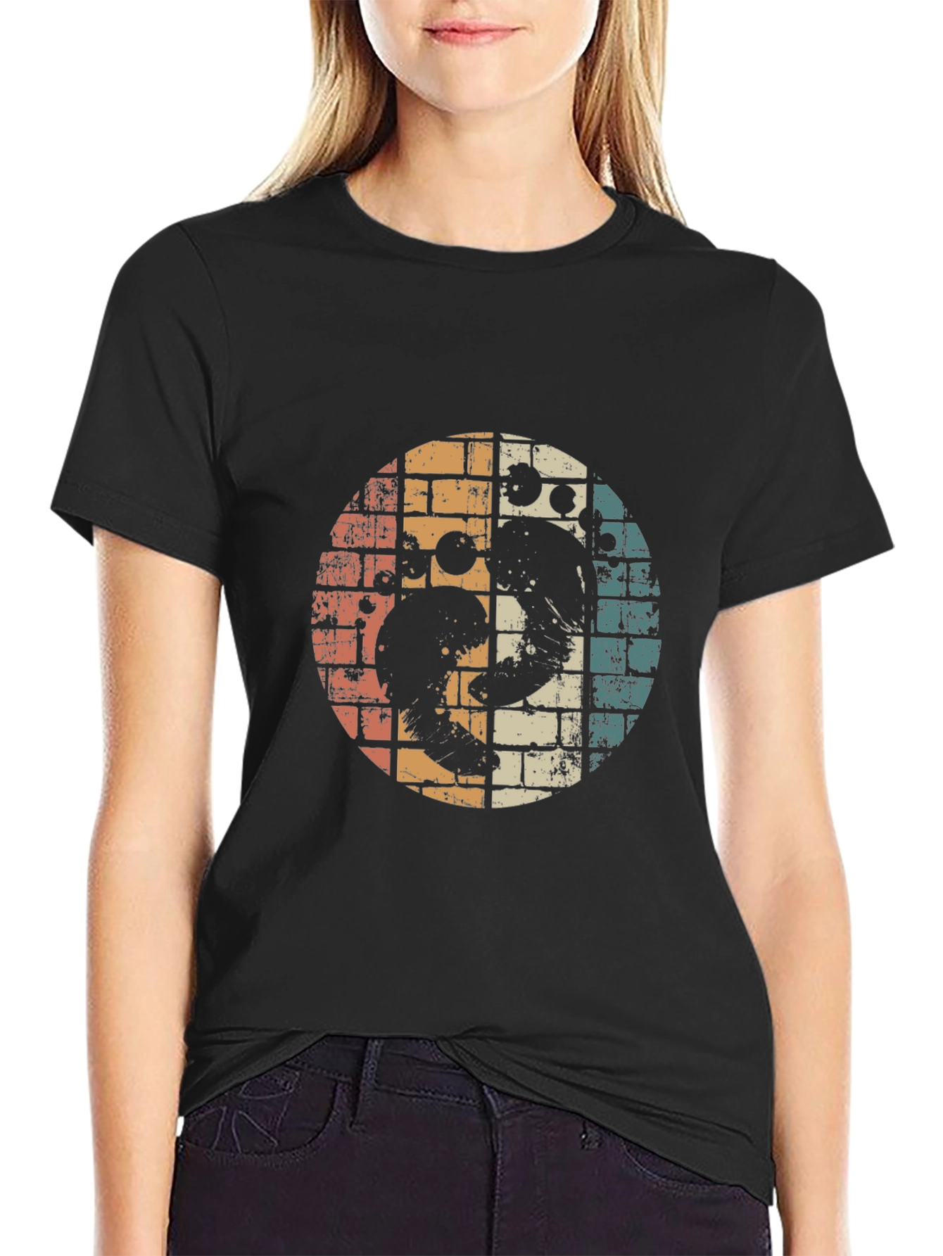 Retro Yin Yang Ocean Wave Graphic Tee - Black