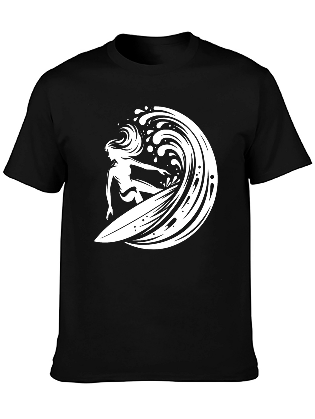 Surfer Girl Wave Graphic Tee - Black Cotton T-Shirt