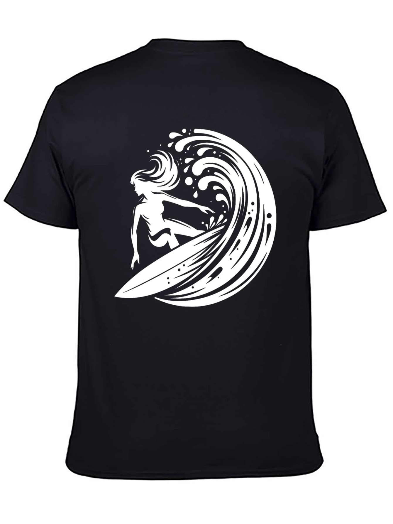 Surfer Girl Wave Graphic Tee - Black Cotton T-Shirt