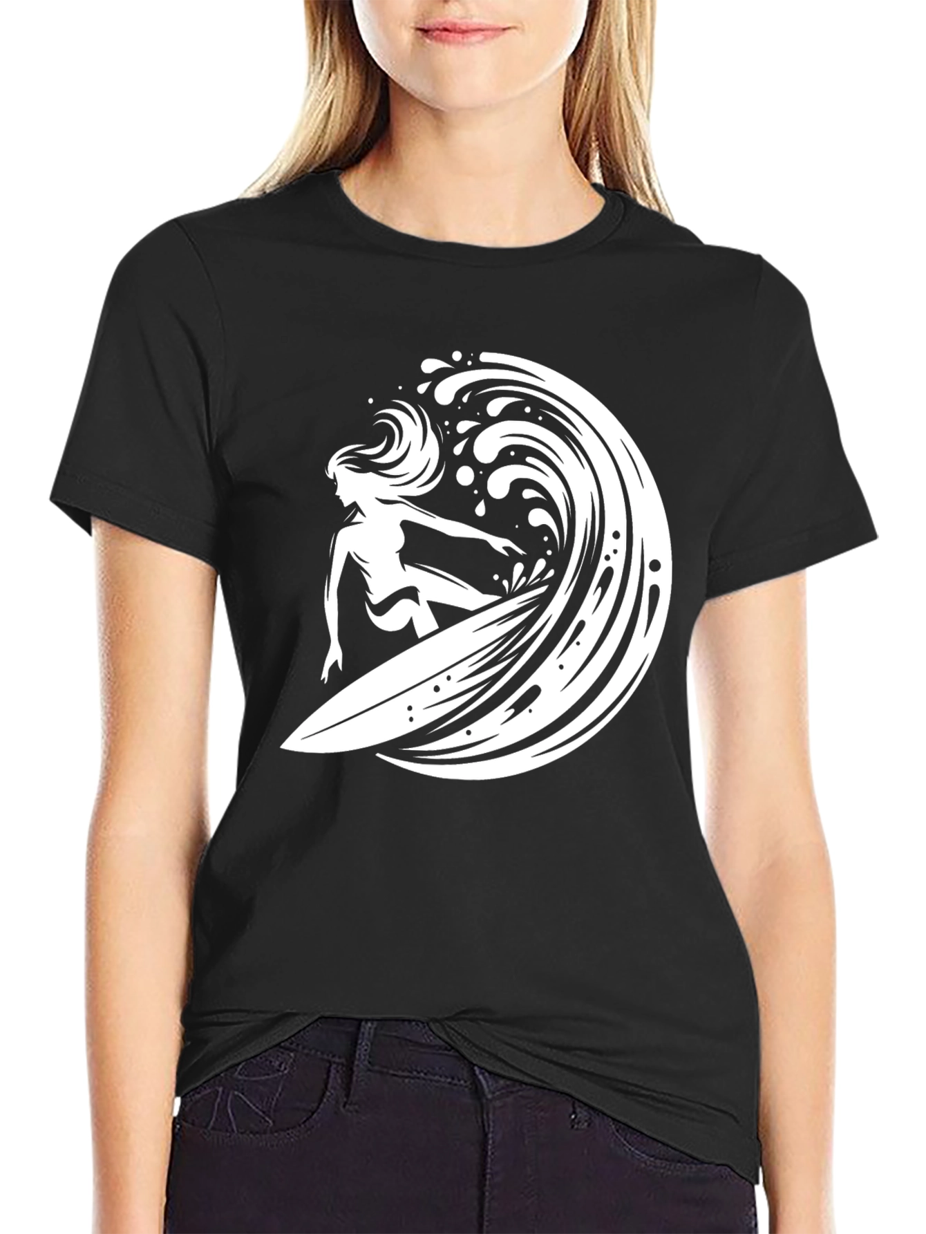 Surfer Girl Wave Graphic Tee - Black Cotton T-Shirt