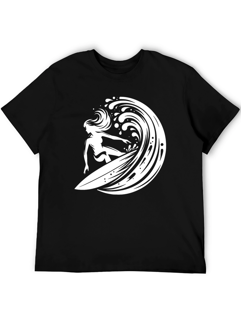 Surfer Girl Wave Graphic Tee - Black Cotton T-Shirt