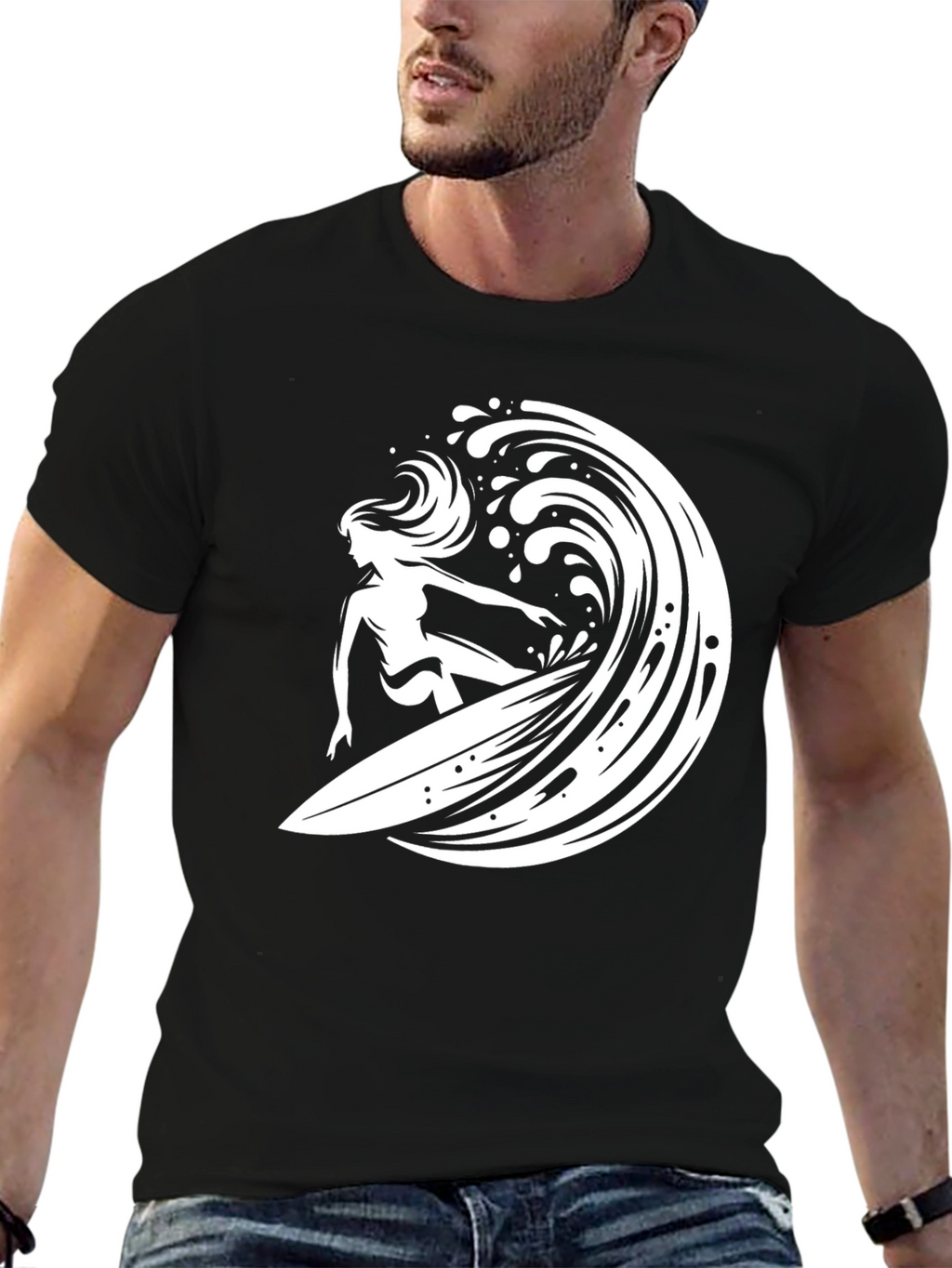 Surfer Girl Wave Graphic Tee - Black Cotton T-Shirt