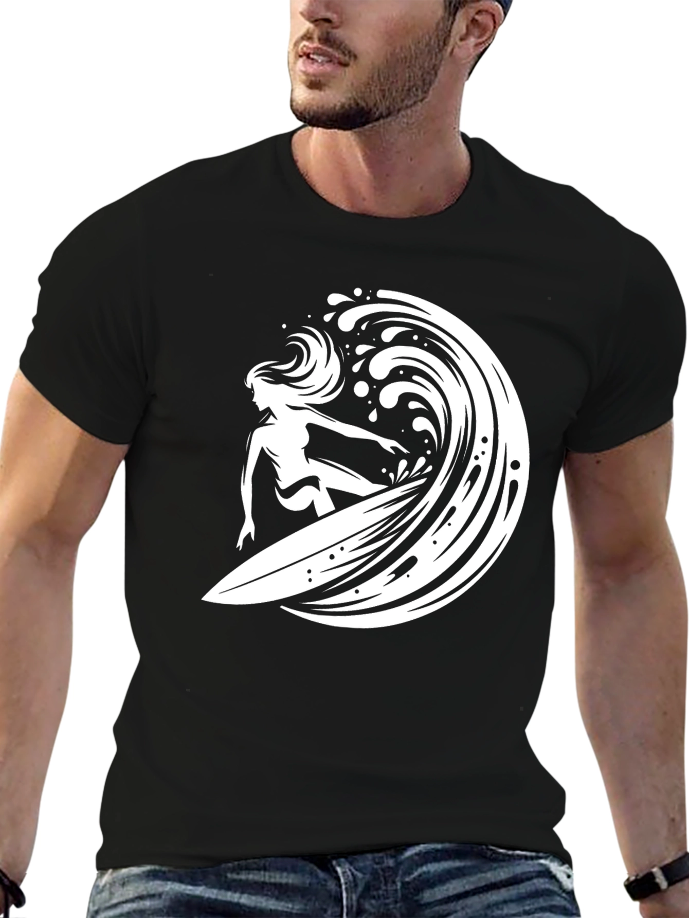 Surfer Girl Wave Graphic Tee - Black Cotton T-Shirt