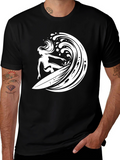 Surfer Girl Wave Graphic Tee - Black Cotton T-Shirt
