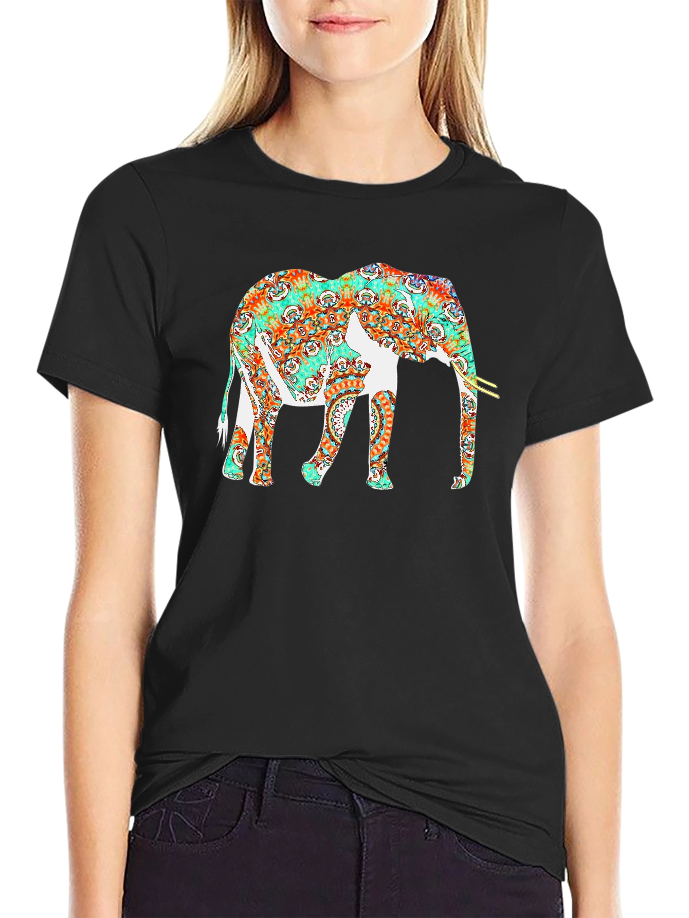 Elephant Graphic Print Black Casual T-Shirt
