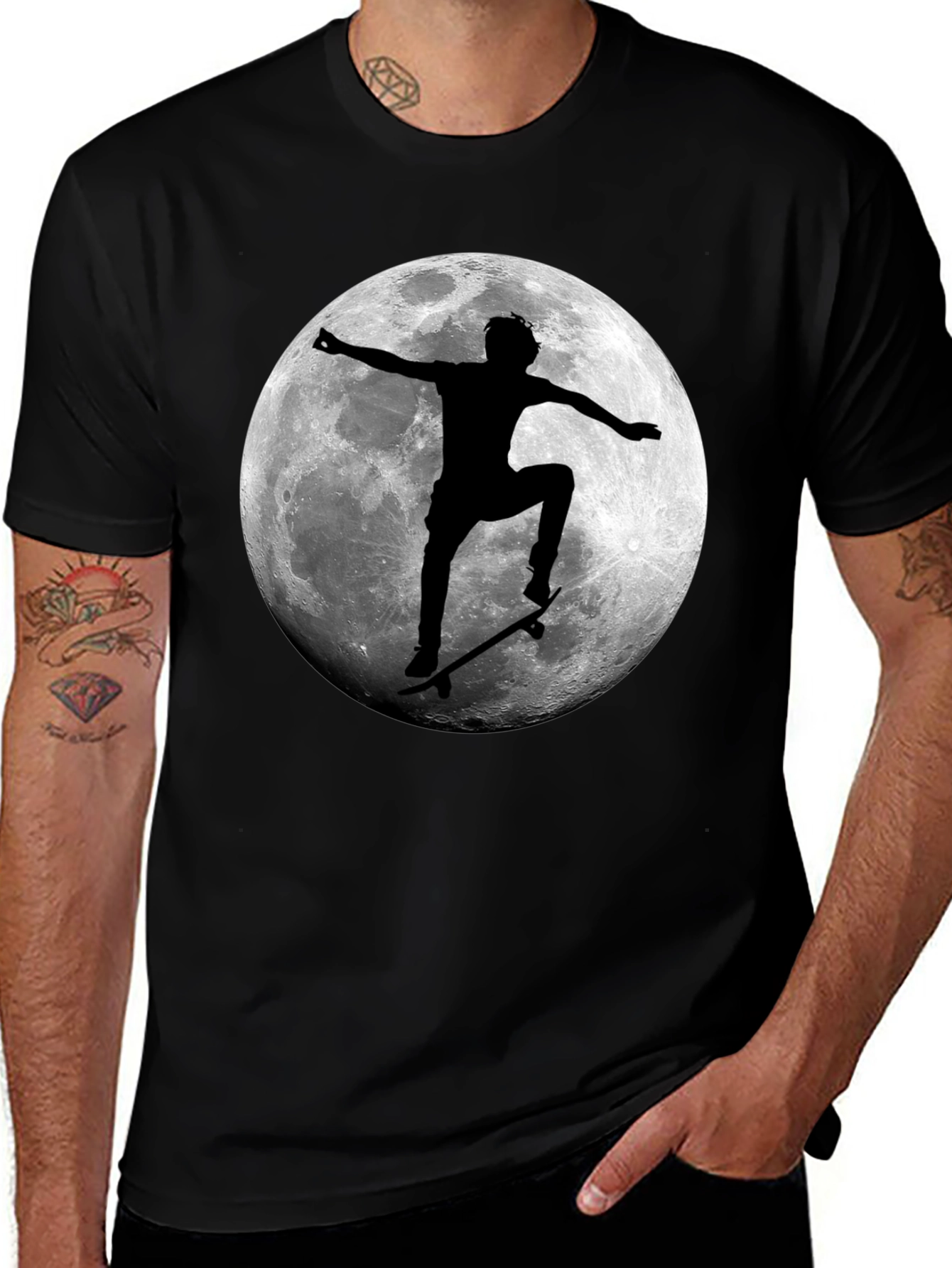 Skateboarding Moon Graphic Tee - Cool Black T-Shirt
