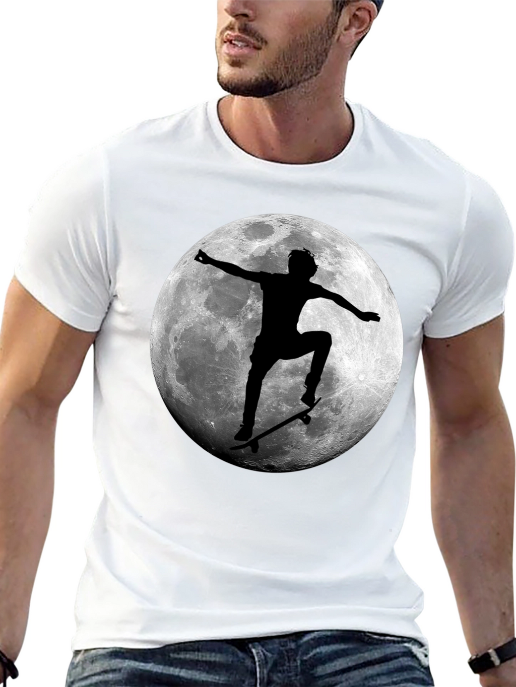 Skateboarding Moon Graphic Tee - Cool Black T-Shirt