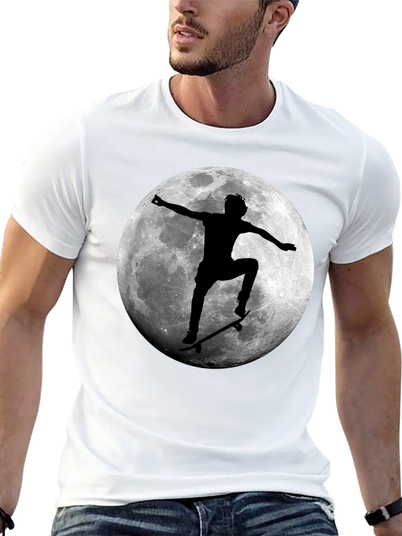 Skateboarding Moon Graphic Tee - Cool Black T-Shirt