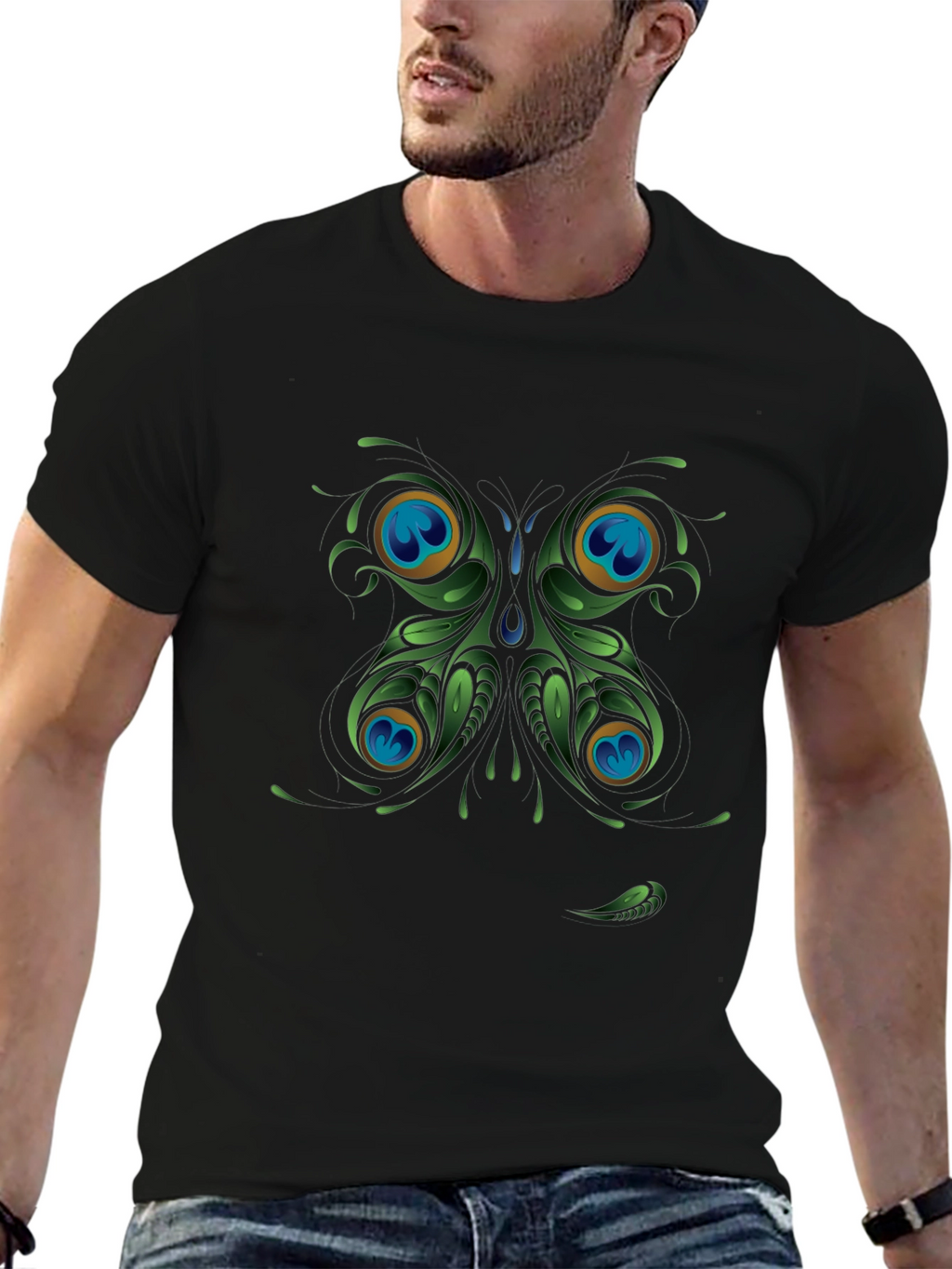 Peacock Butterfly Graphic Black T-Shirt