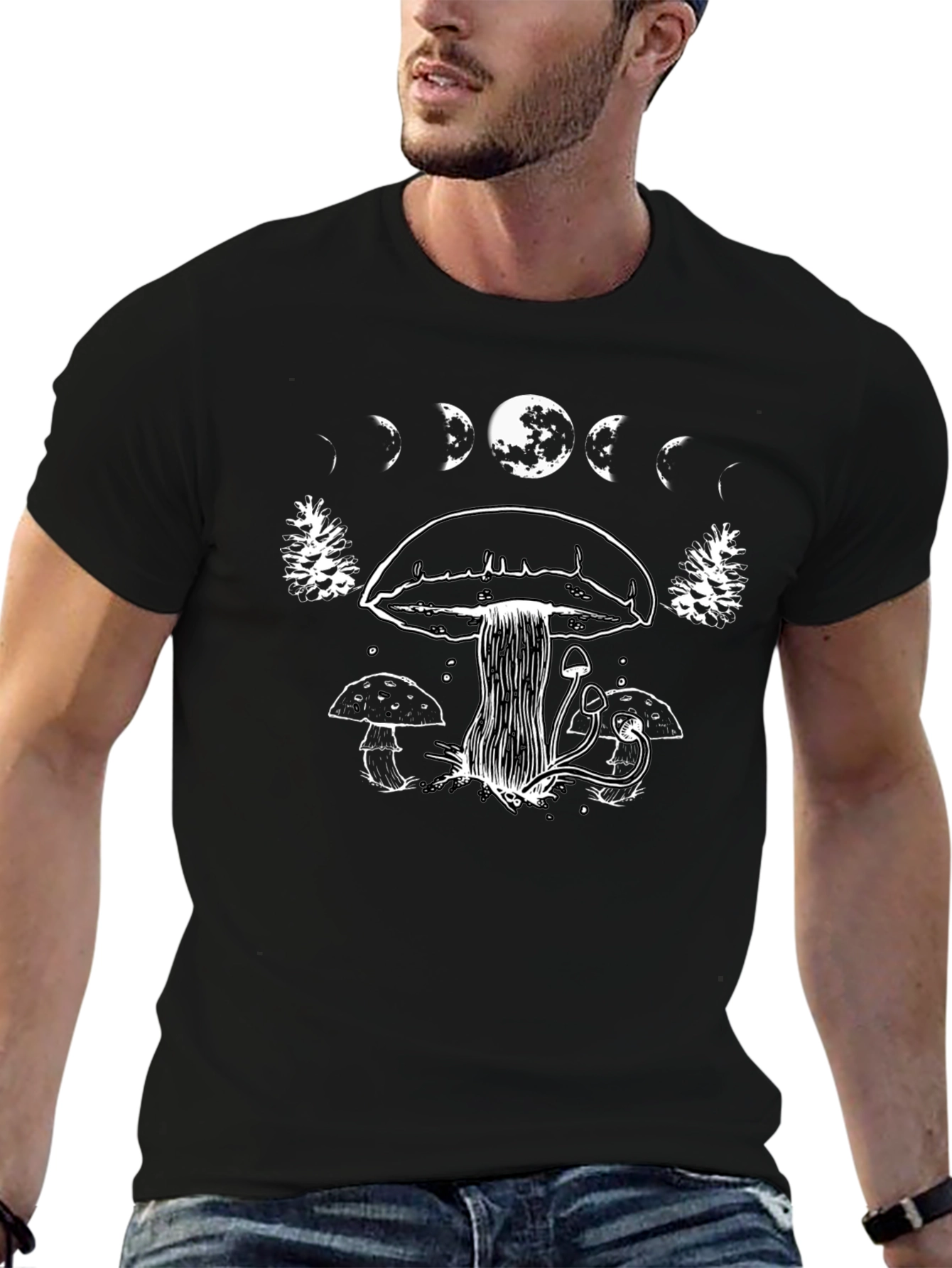 Mushroom Moon Phase Graphic T-Shirt - Black
