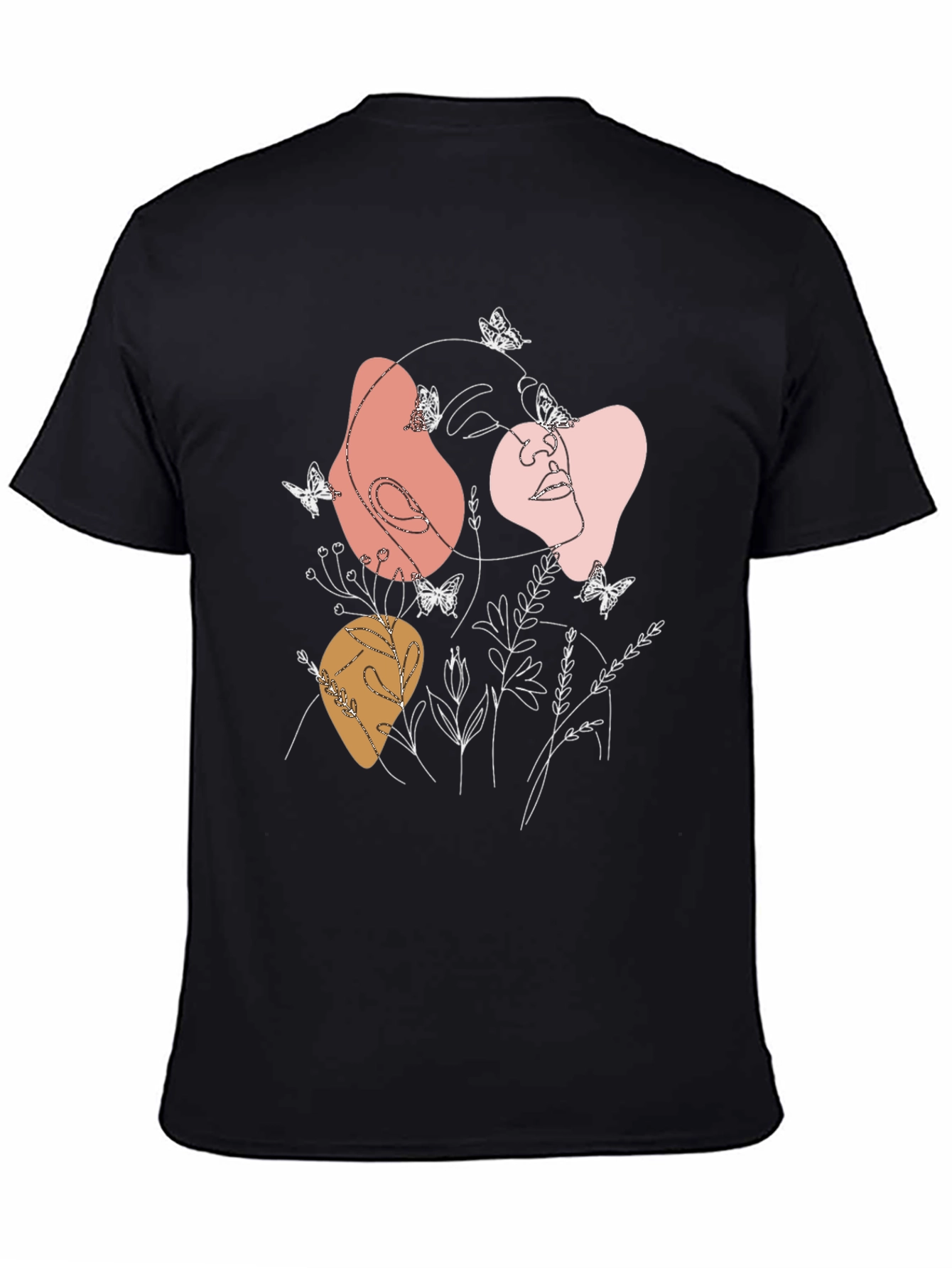 Abstract Face & Butterflies Graphic Black T-Shirt