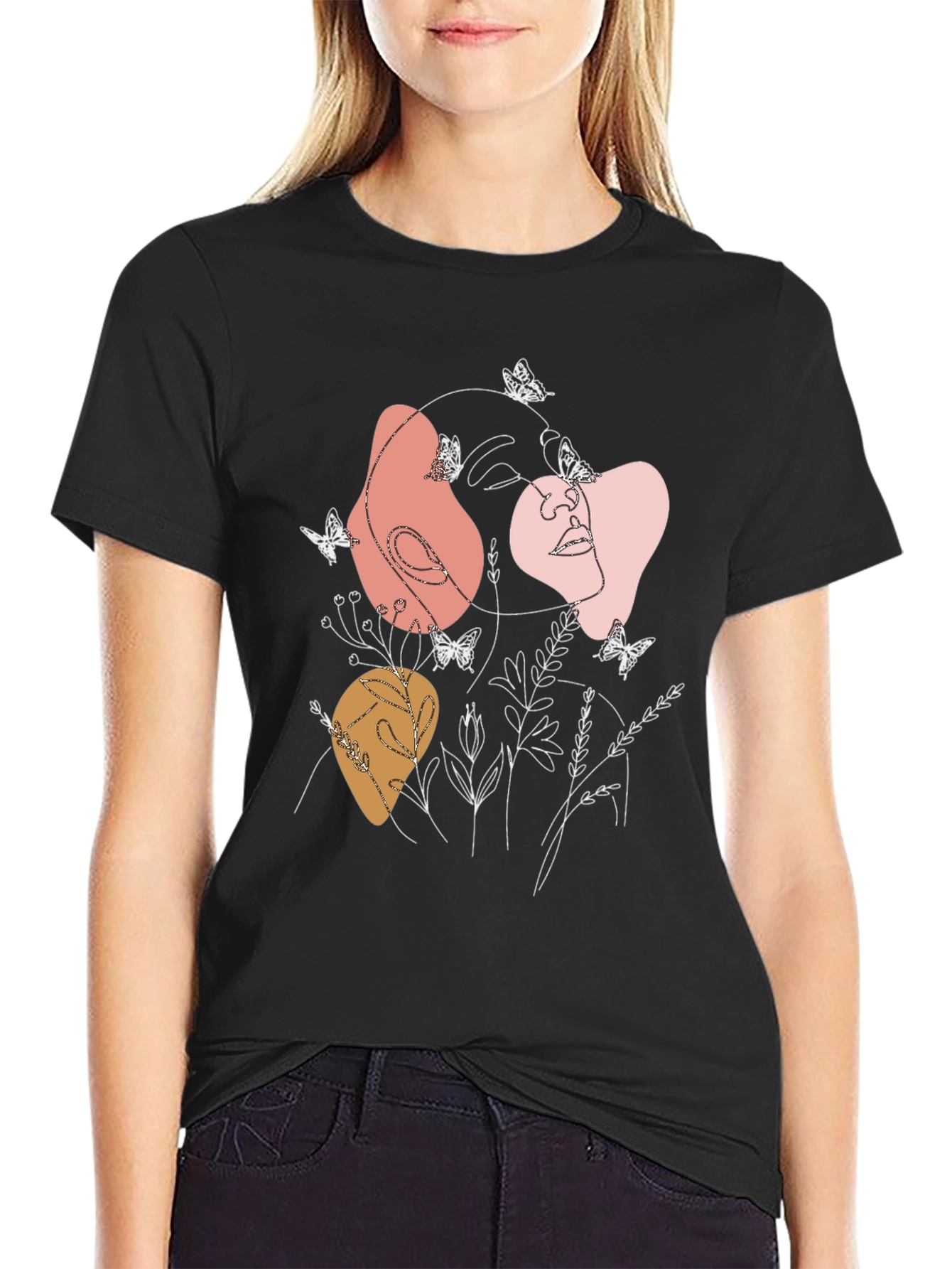 Abstract Face & Butterflies Graphic Black T-Shirt