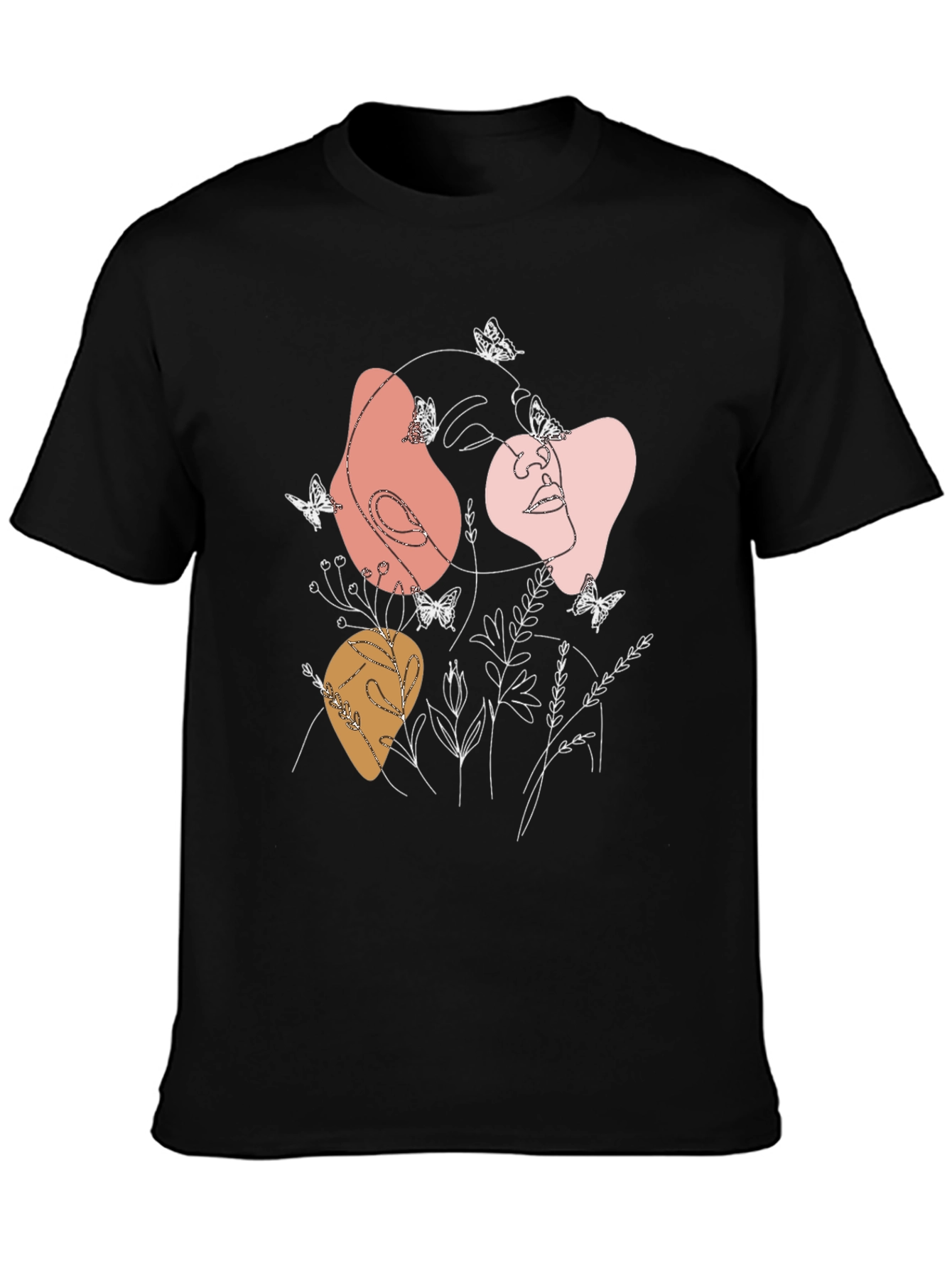 Abstract Face & Butterflies Graphic Black T-Shirt