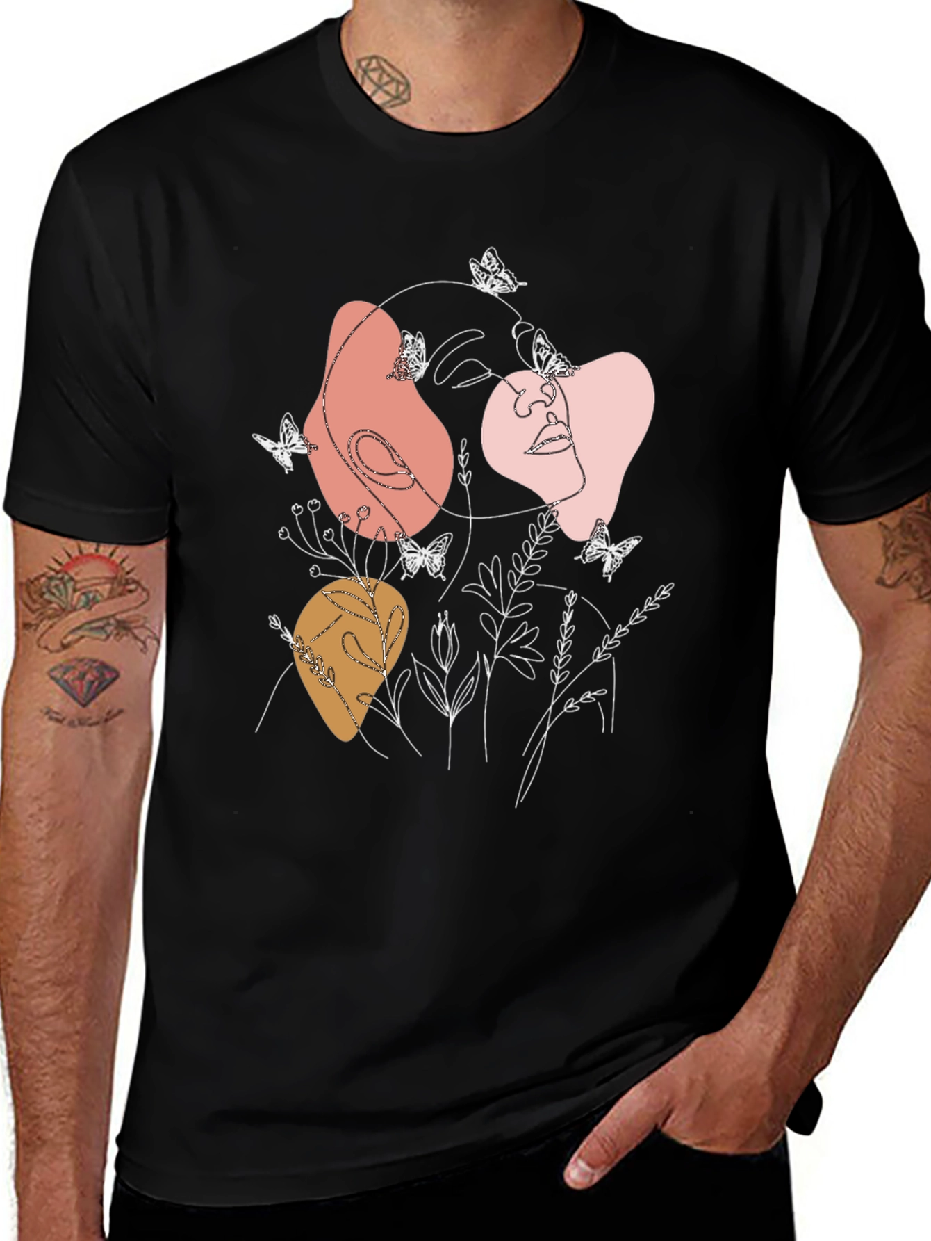 Abstract Face & Butterflies Graphic Black T-Shirt