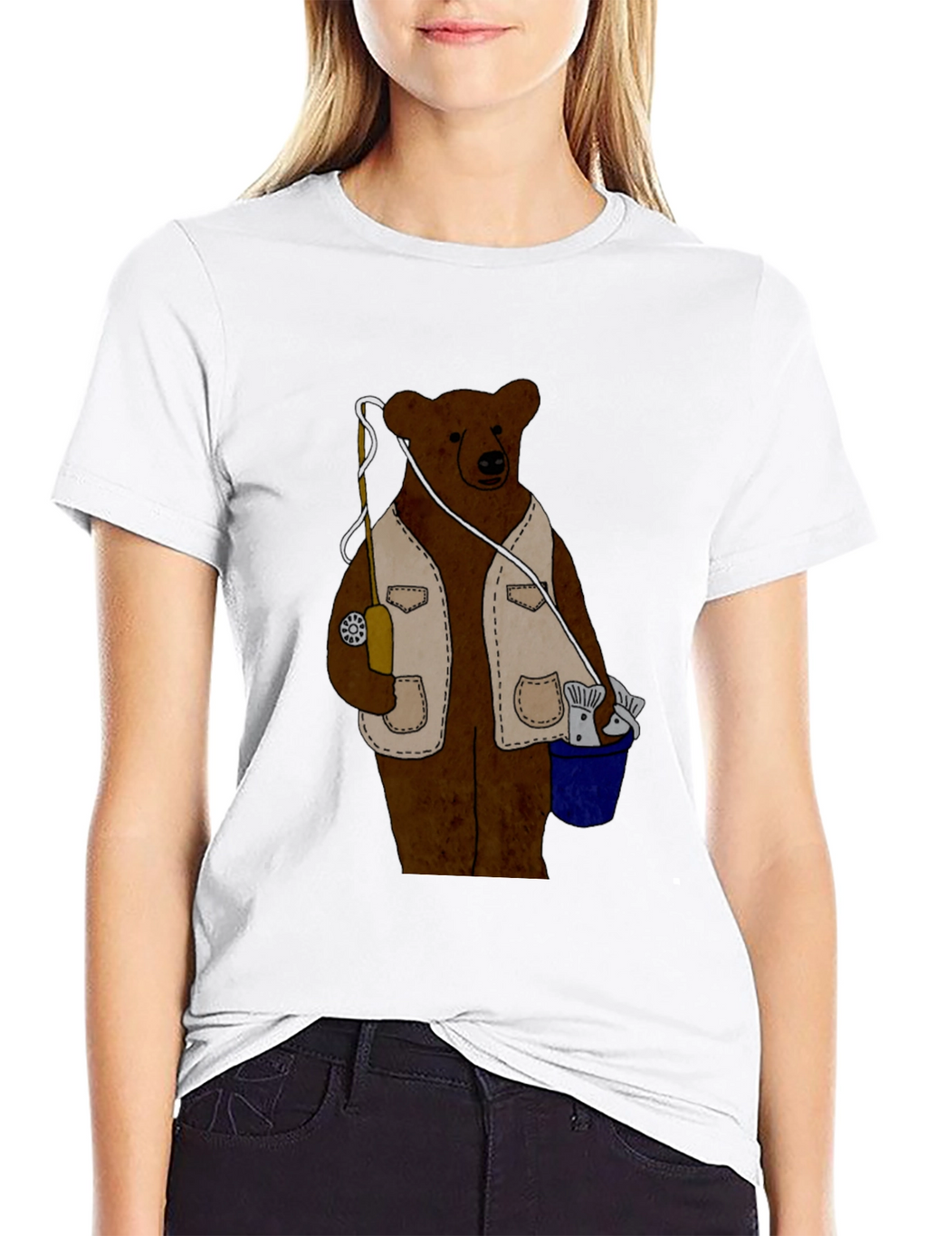Fishing Bear Graphic T-Shirt - Casual Black Tee